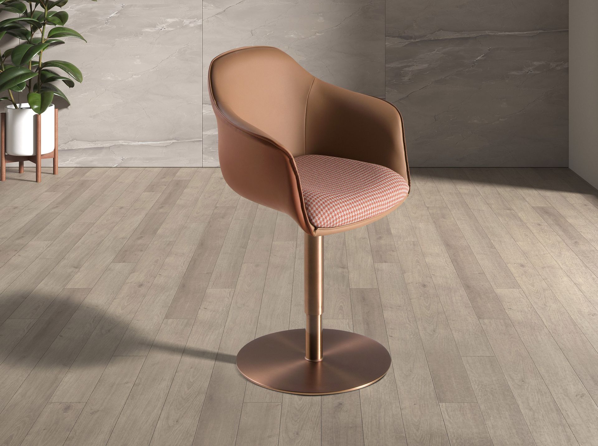 Swivel chair terracotta brown and beige fabric and brown leatherette