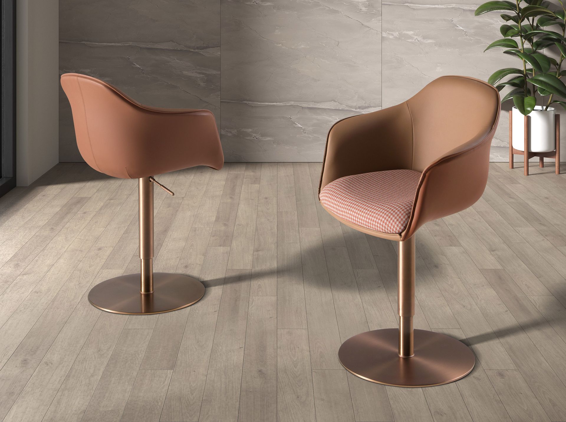 Swivel chair terracotta brown and beige fabric and brown leatherette