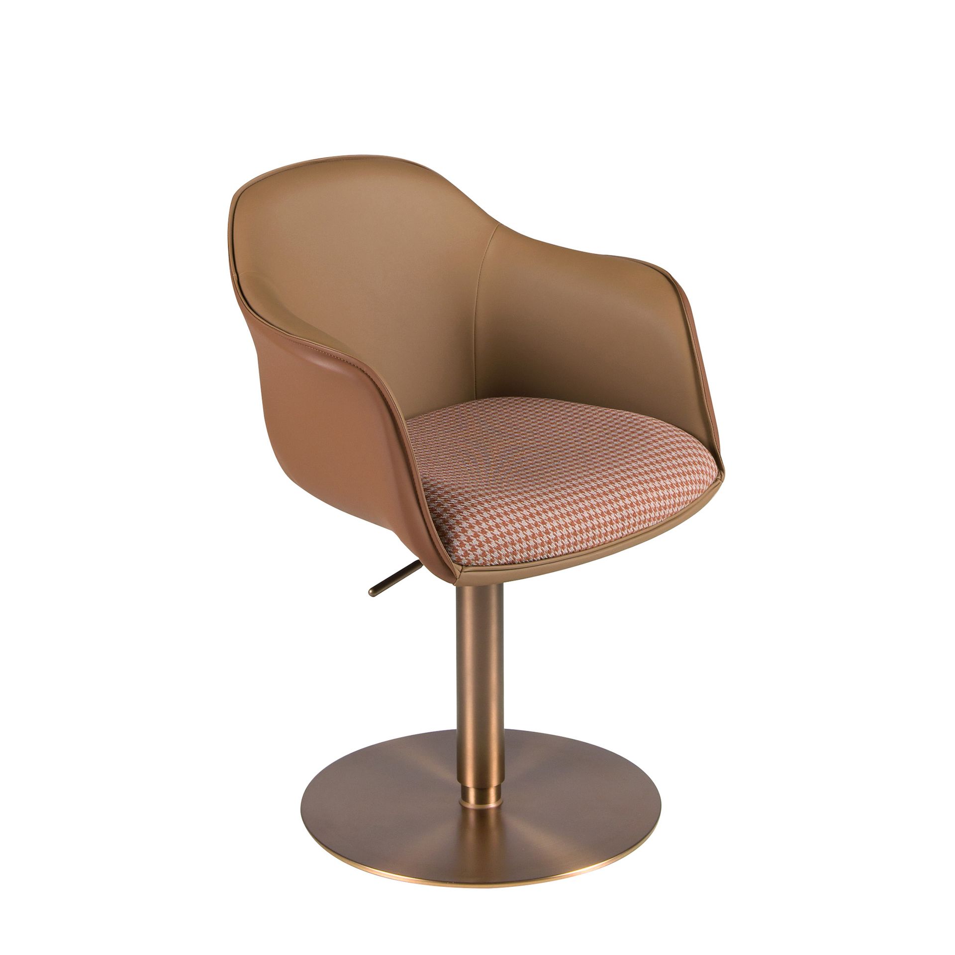 Swivel chair terracotta brown and beige fabric and brown leatherette