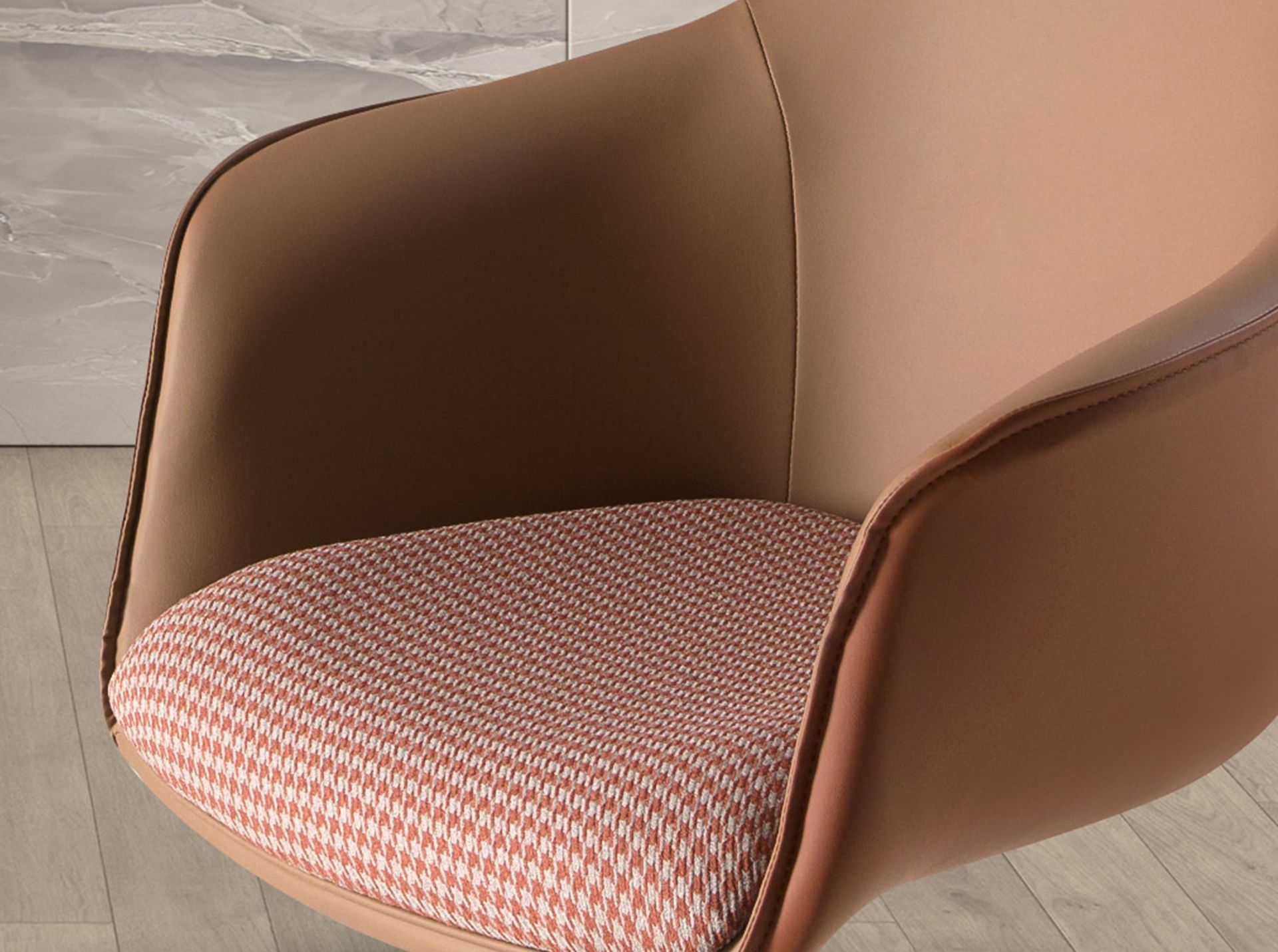 Swivel chair terracotta brown and beige fabric and brown leatherette