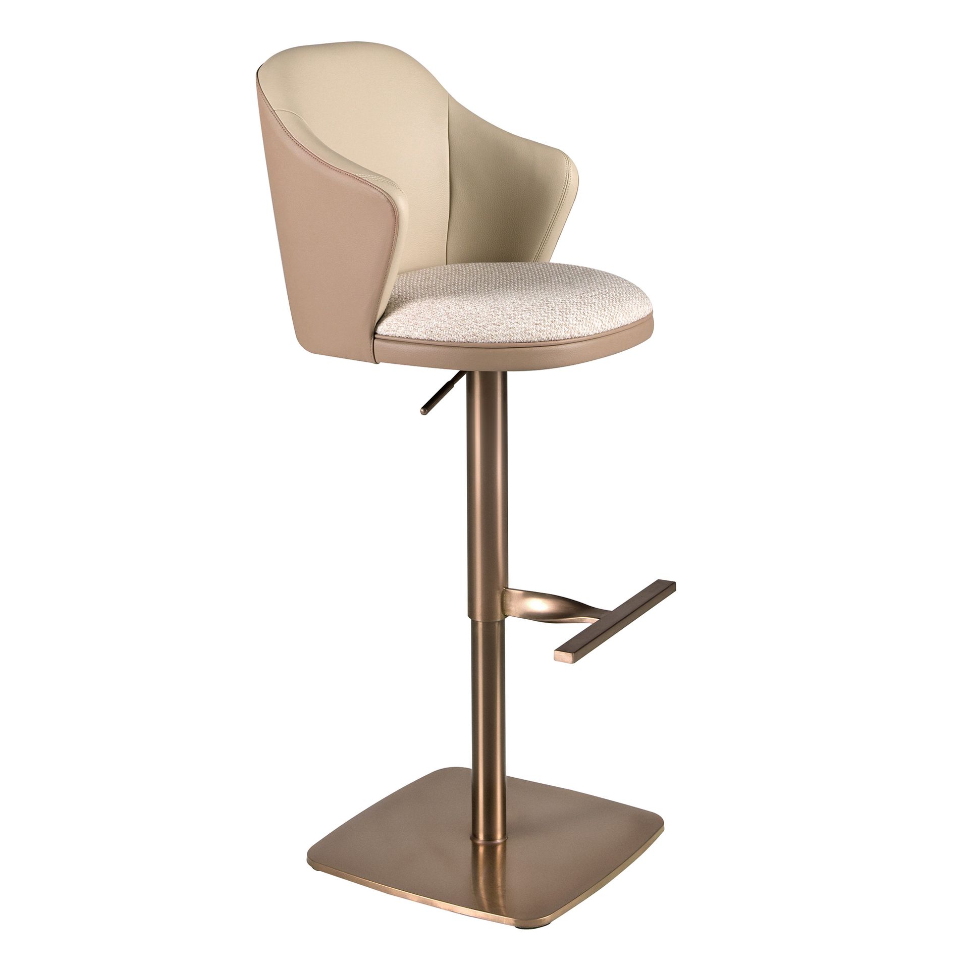 Swivel stool in cream marbled fabric and brown leatherette