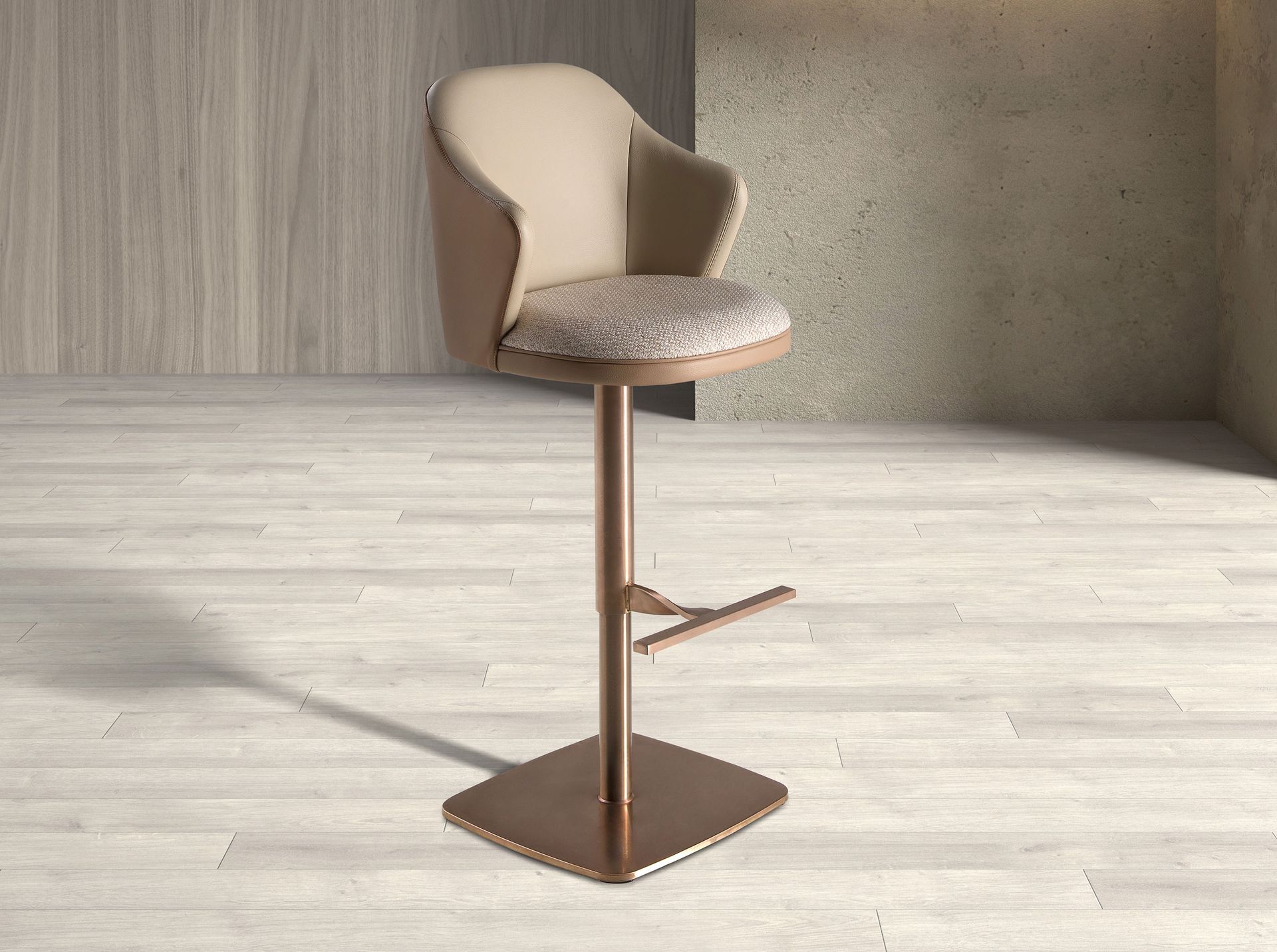 Swivel stool in cream marbled fabric and brown leatherette