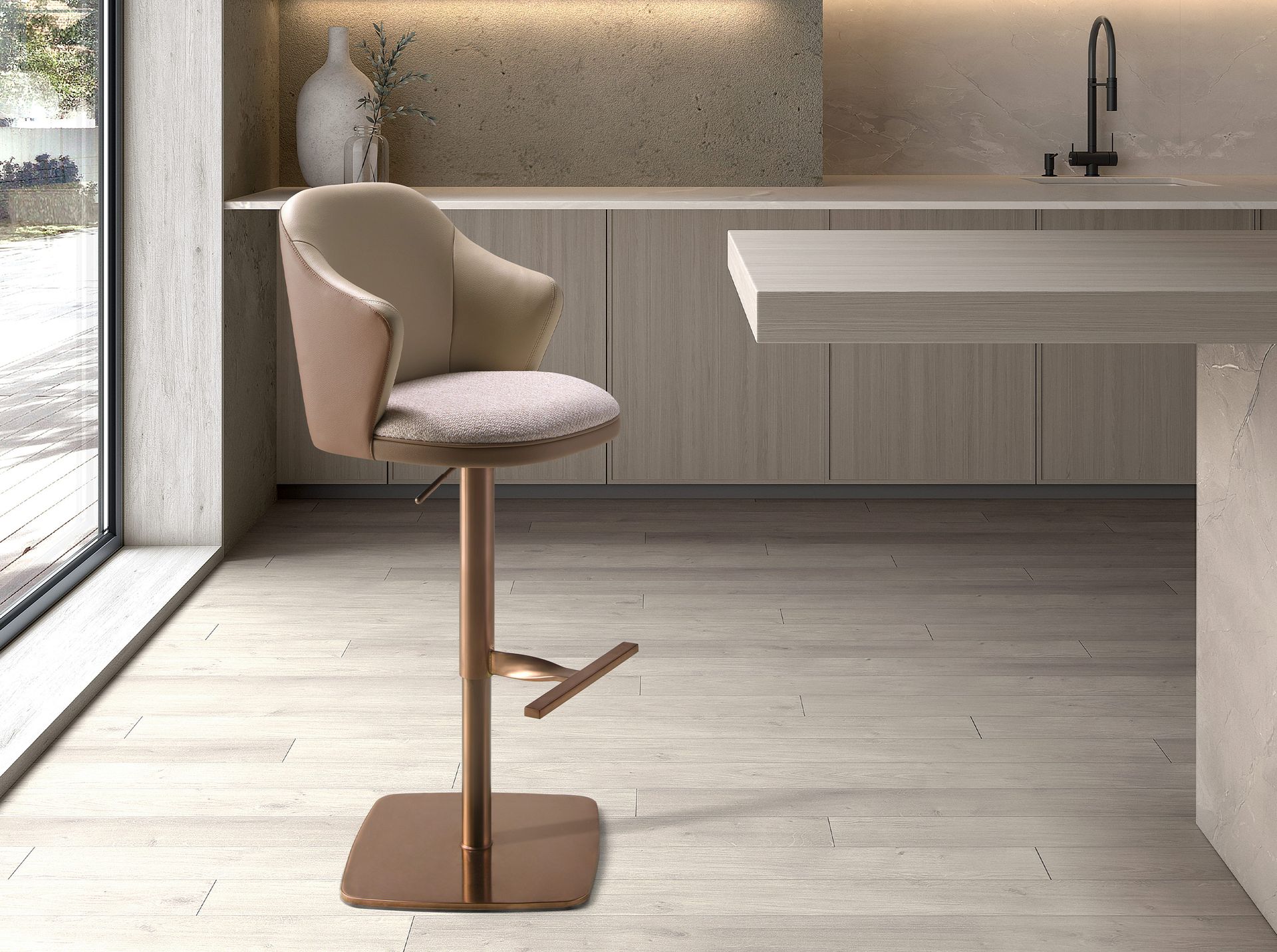 Swivel stool in cream marbled fabric and brown leatherette