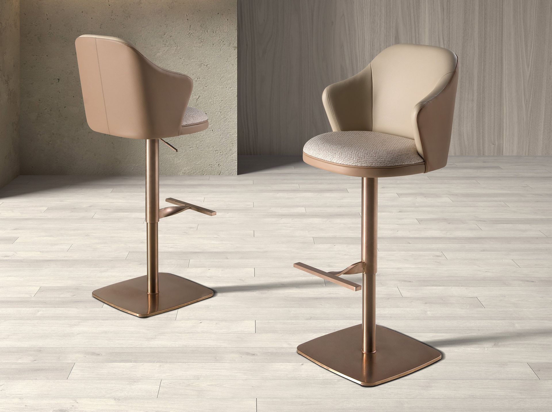 Swivel stool in cream marbled fabric and brown leatherette