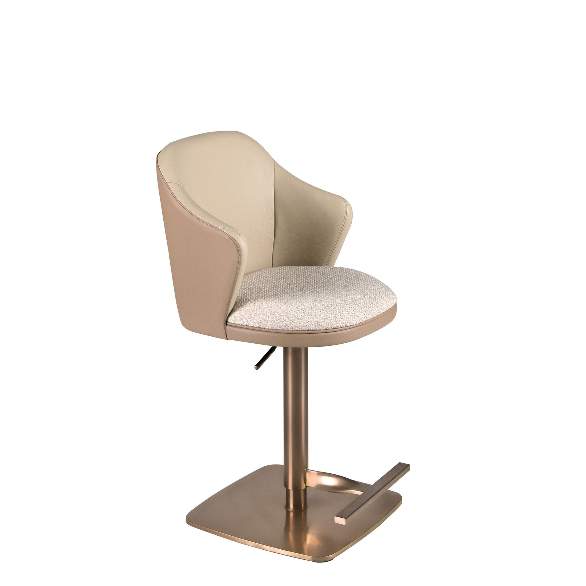 Swivel stool in cream marbled fabric and brown leatherette