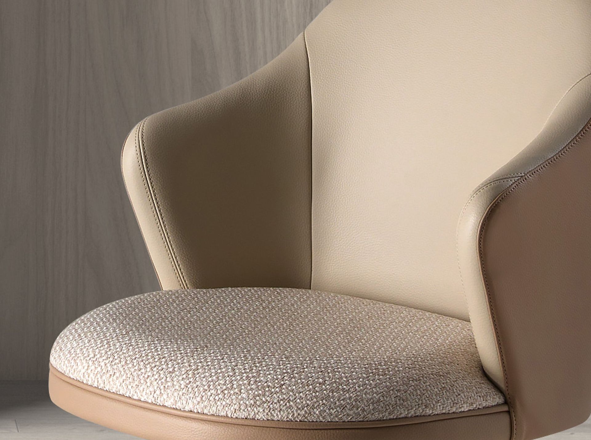 Swivel stool in cream marbled fabric and brown leatherette