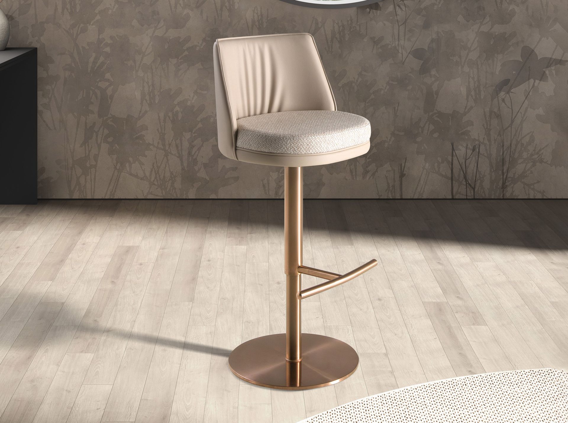 Swivel stool in cream marbled fabric and cream leatherette