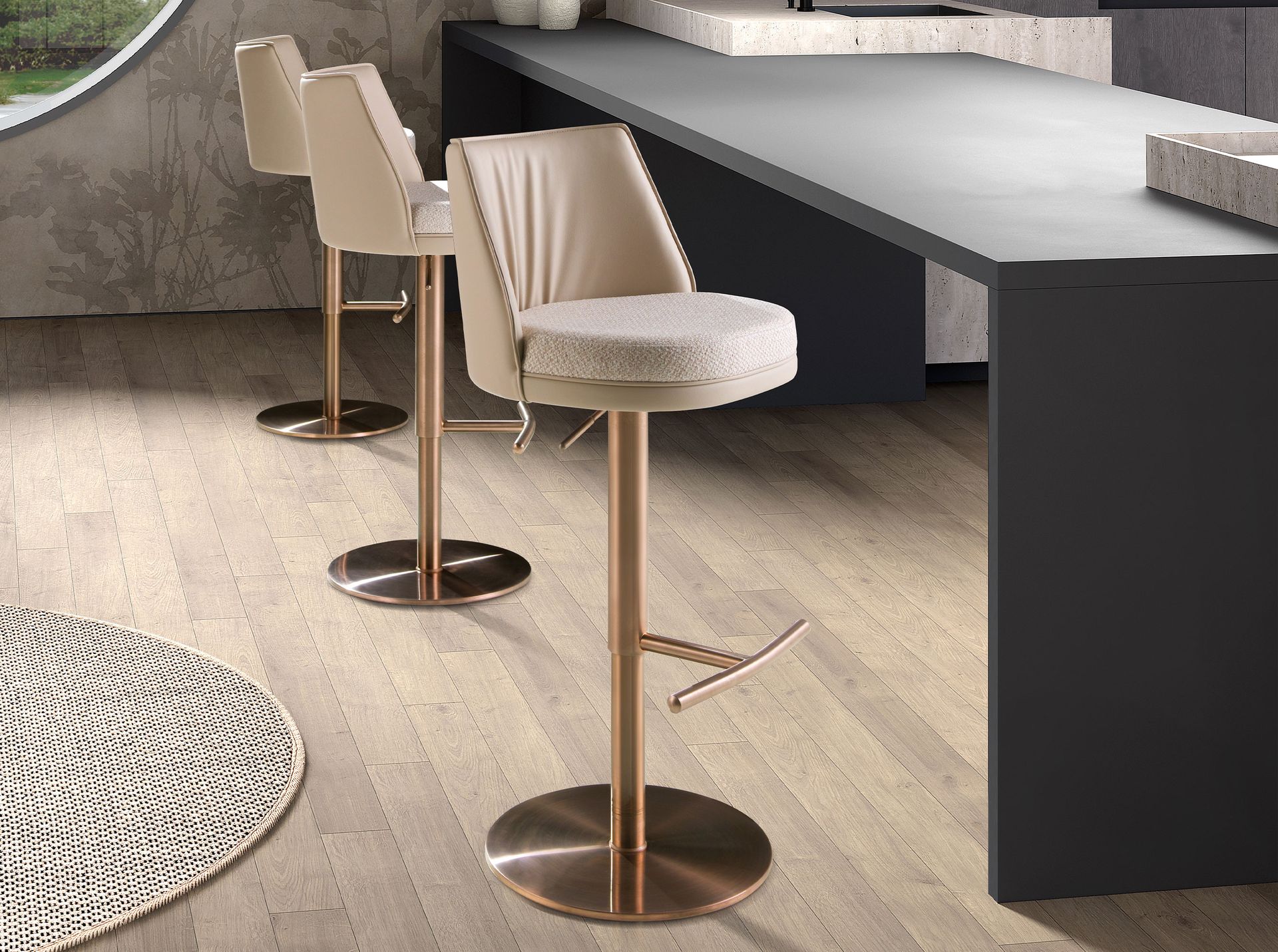Swivel stool in cream marbled fabric and cream leatherette