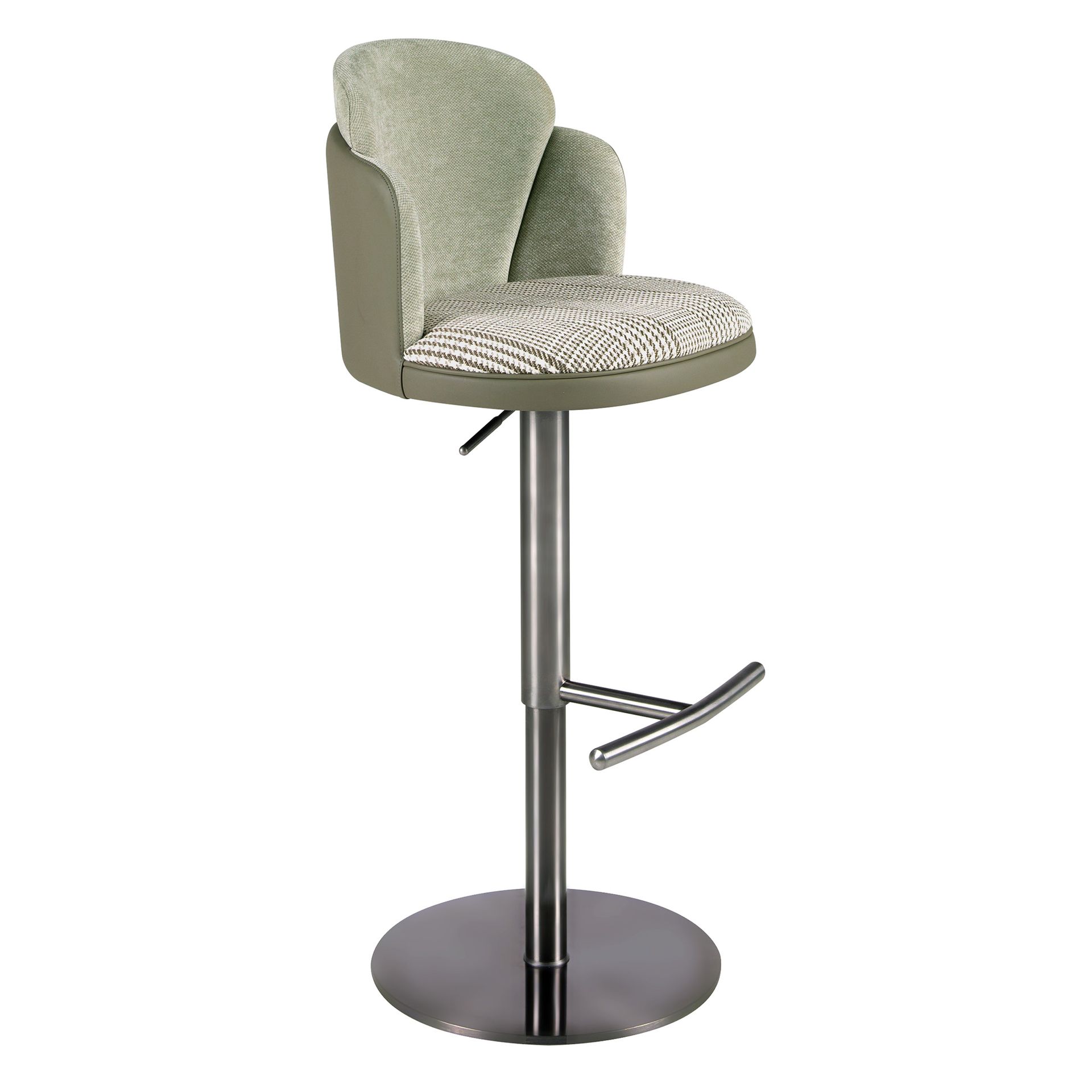 Swivel stool in dark green and white fabric and olive green leatherette