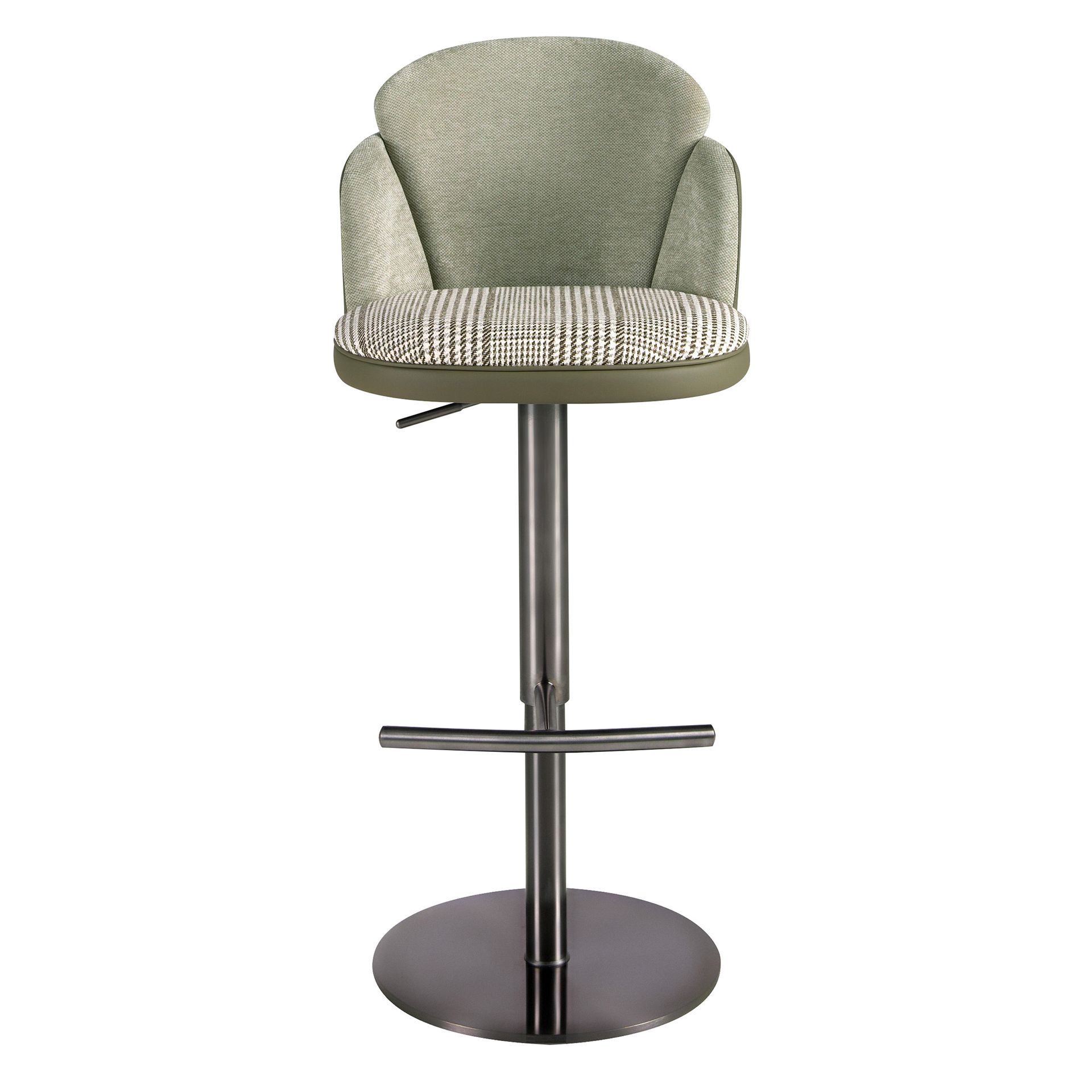 Swivel stool in dark green and white fabric and olive green leatherette