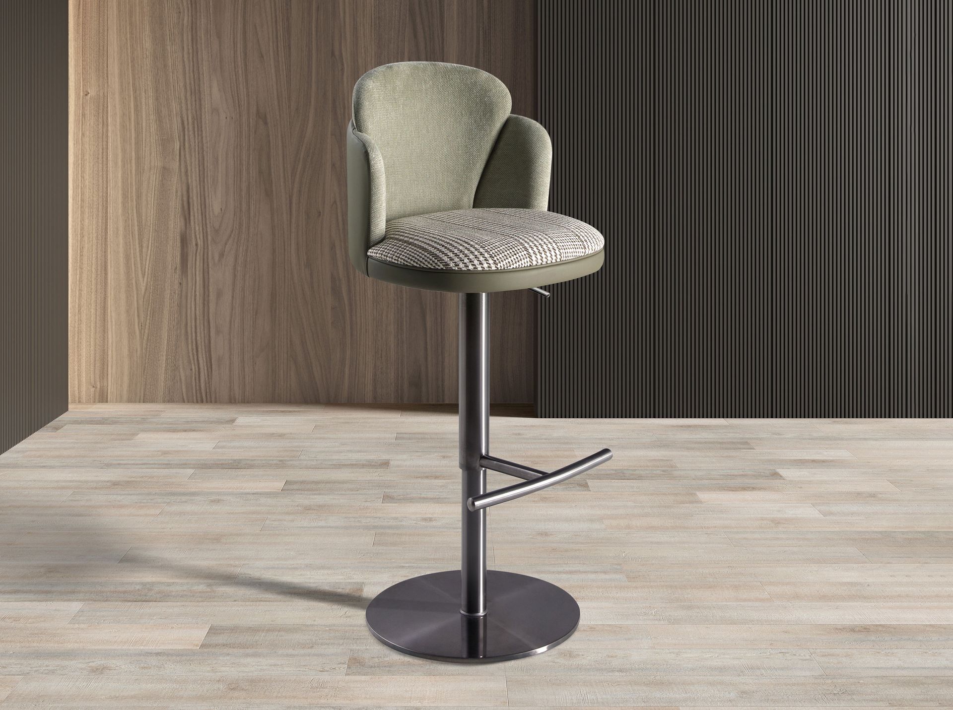 Swivel stool in dark green and white fabric and olive green leatherette