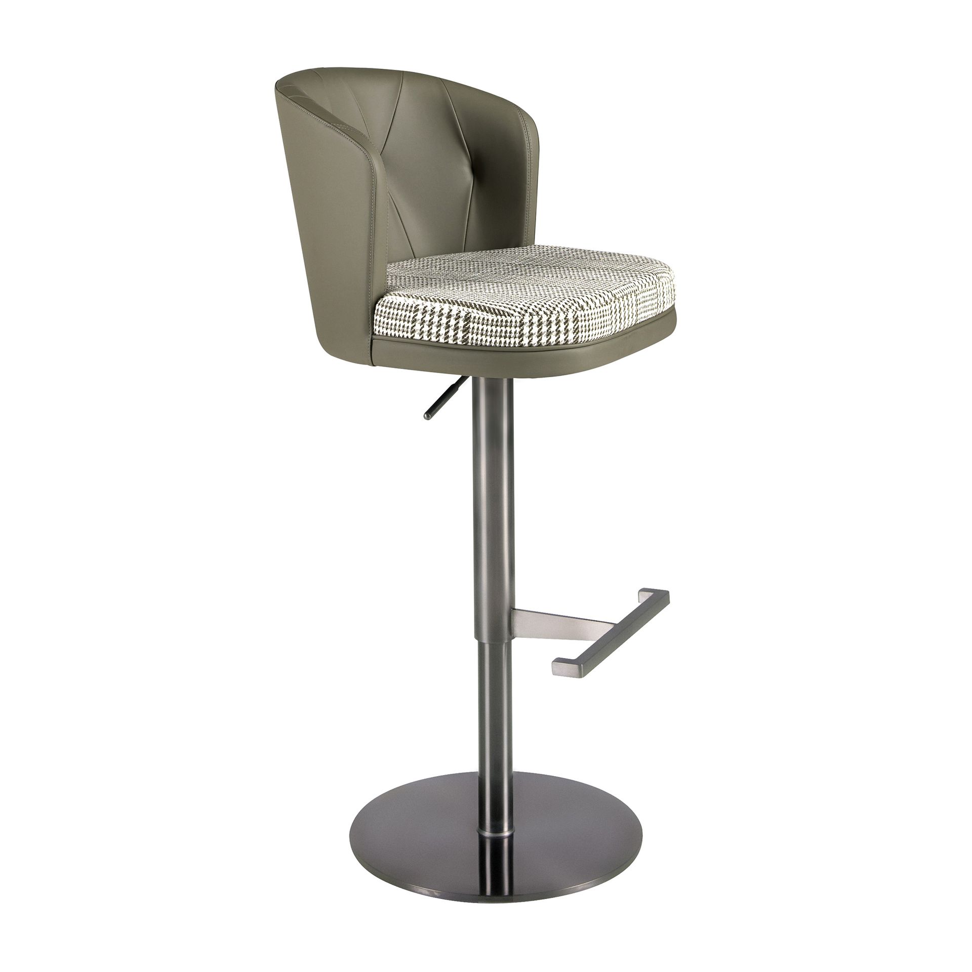 Swivel stool in dark green and white fabric and olive green leatherette