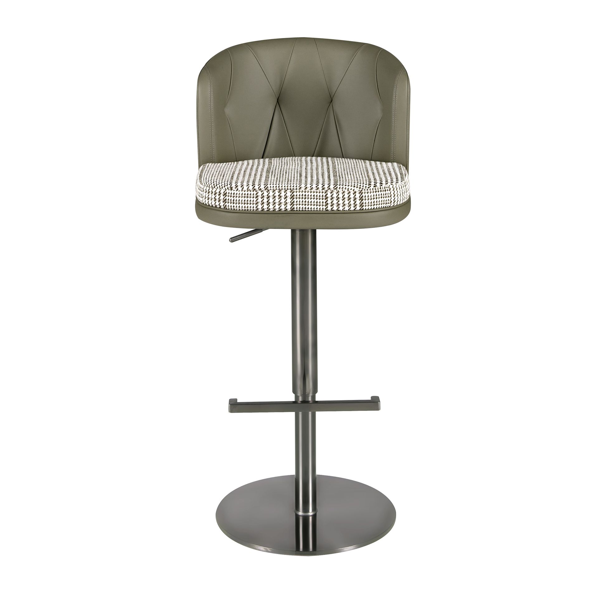 Swivel stool in dark green and white fabric and olive green leatherette