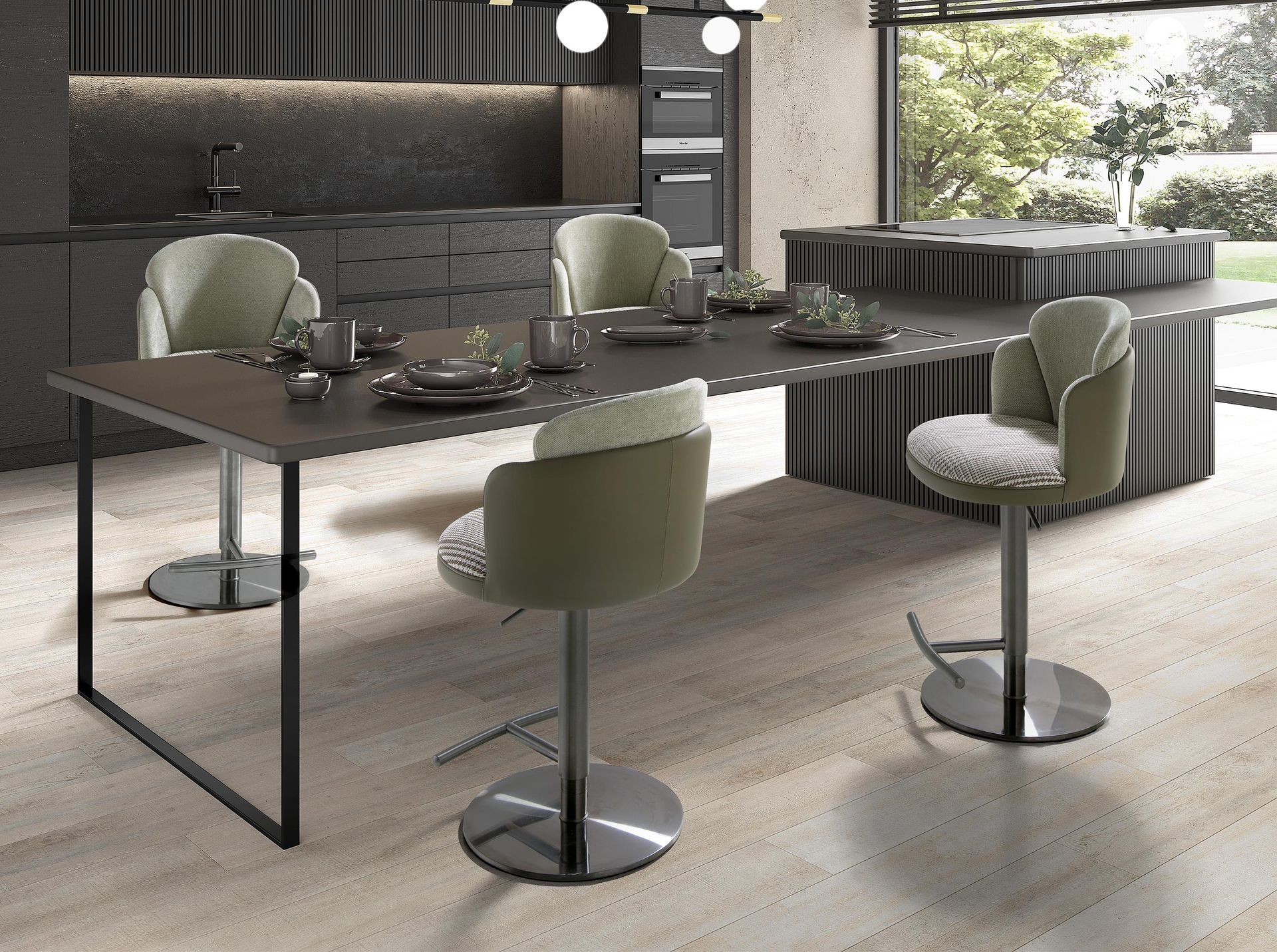 Swivel stool in dark green and white fabric and olive green leatherette