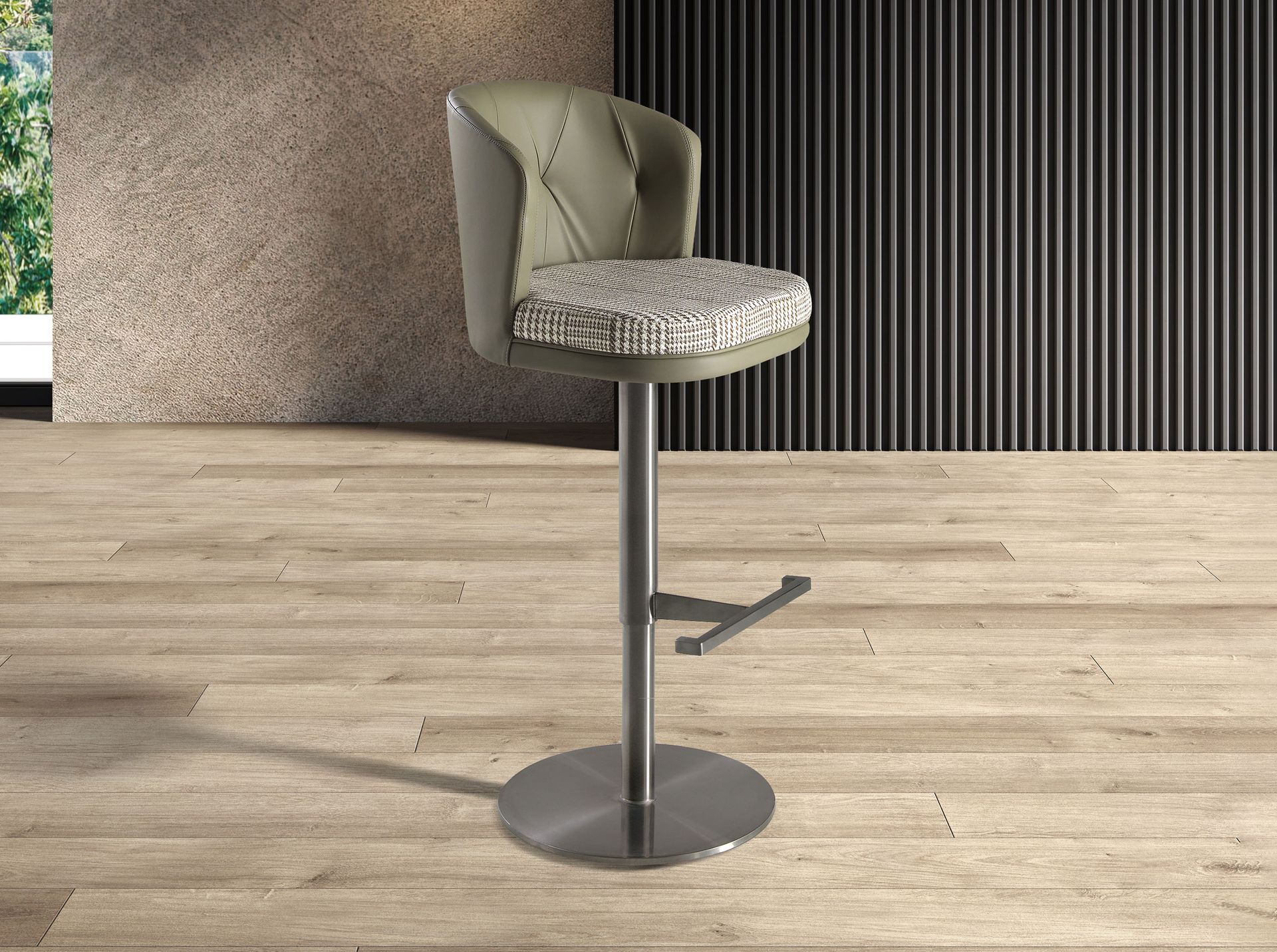 Swivel stool in dark green and white fabric and olive green leatherette