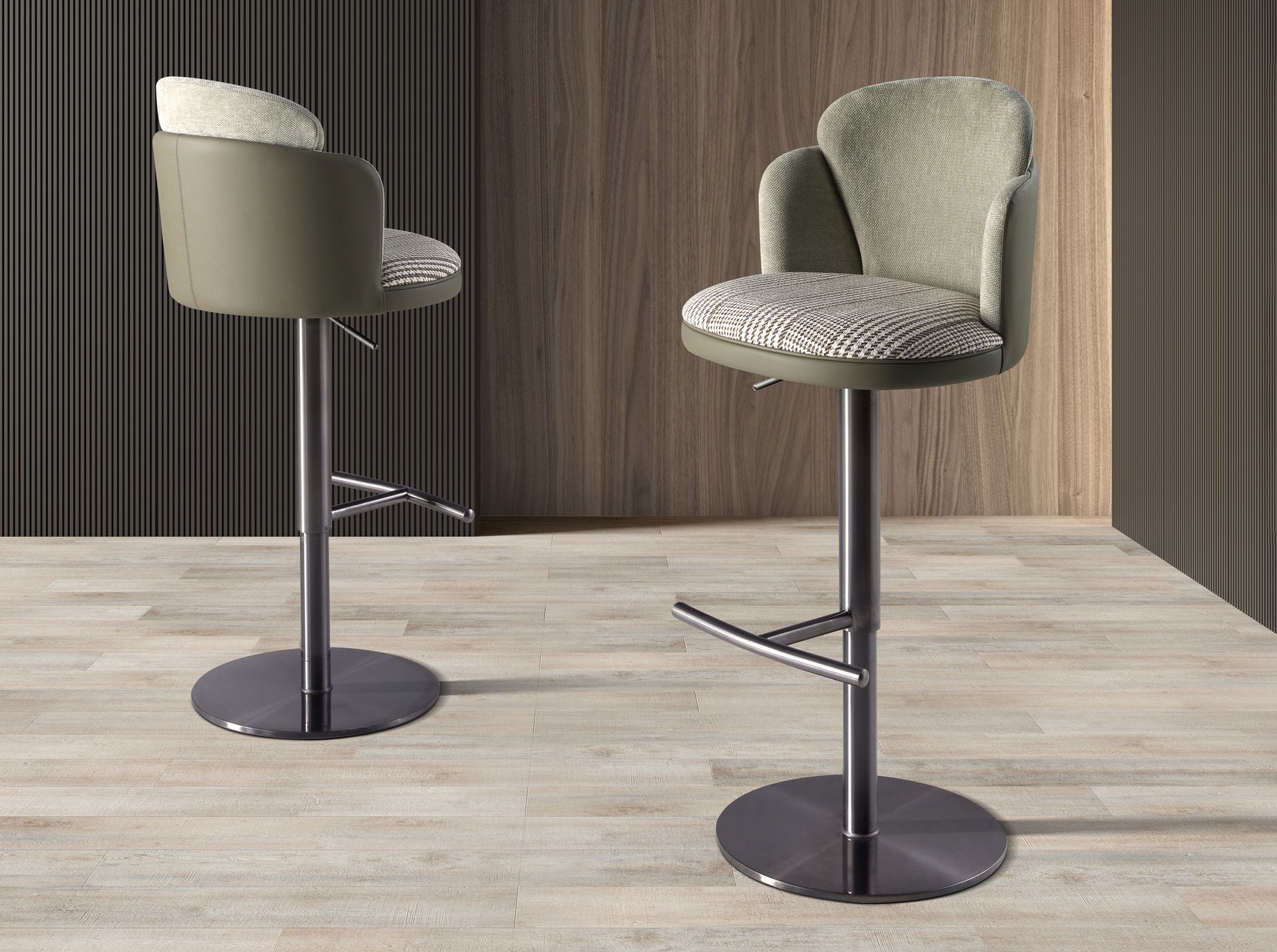 Swivel stool in dark green and white fabric and olive green leatherette
