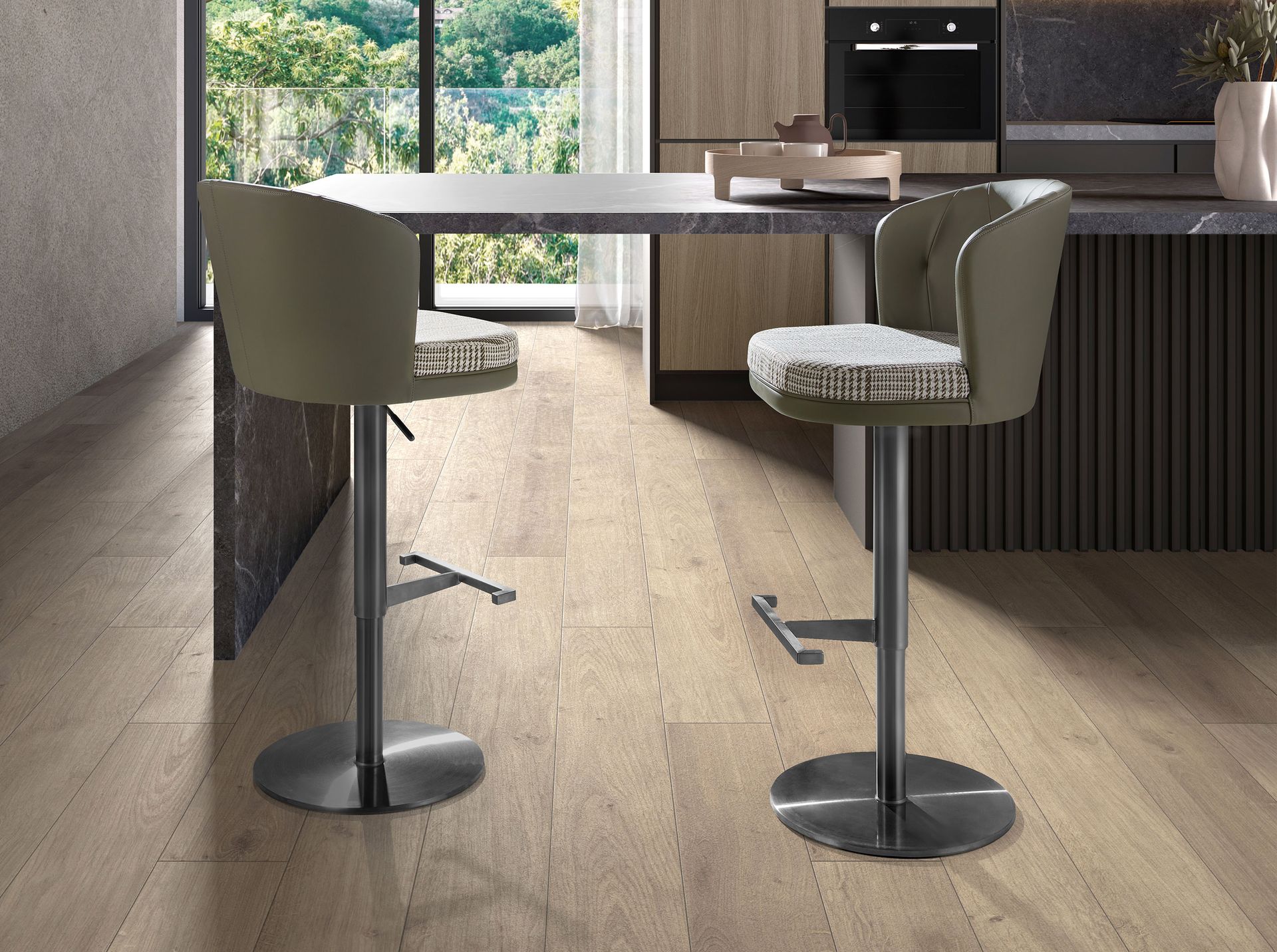 Swivel stool in dark green and white fabric and olive green leatherette