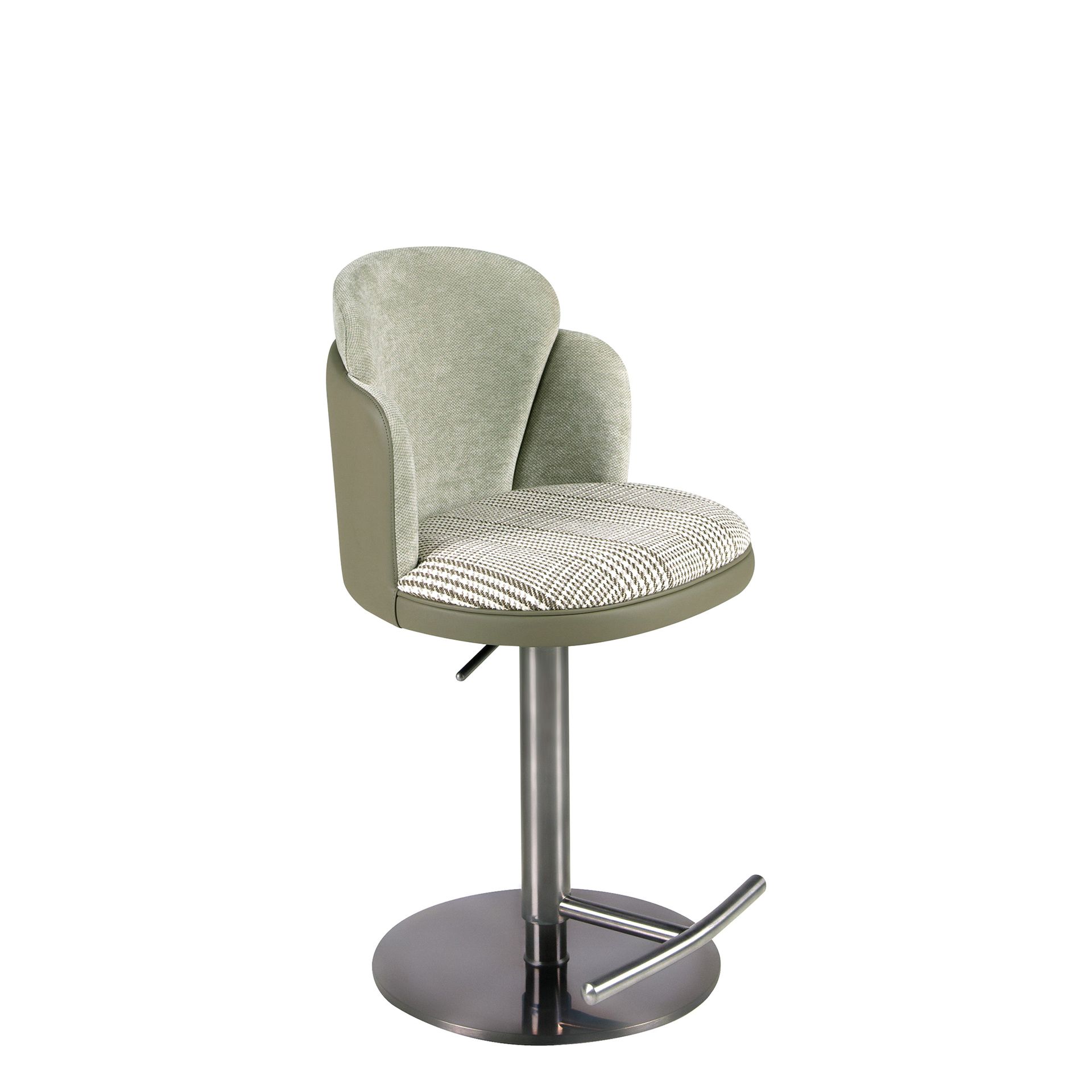 Swivel stool in dark green and white fabric and olive green leatherette