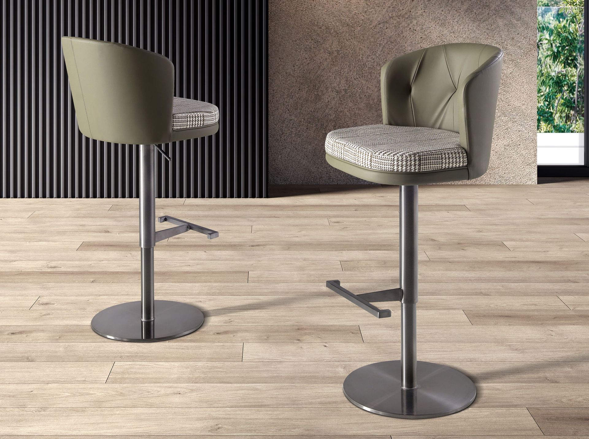 Swivel stool in dark green and white fabric and olive green leatherette