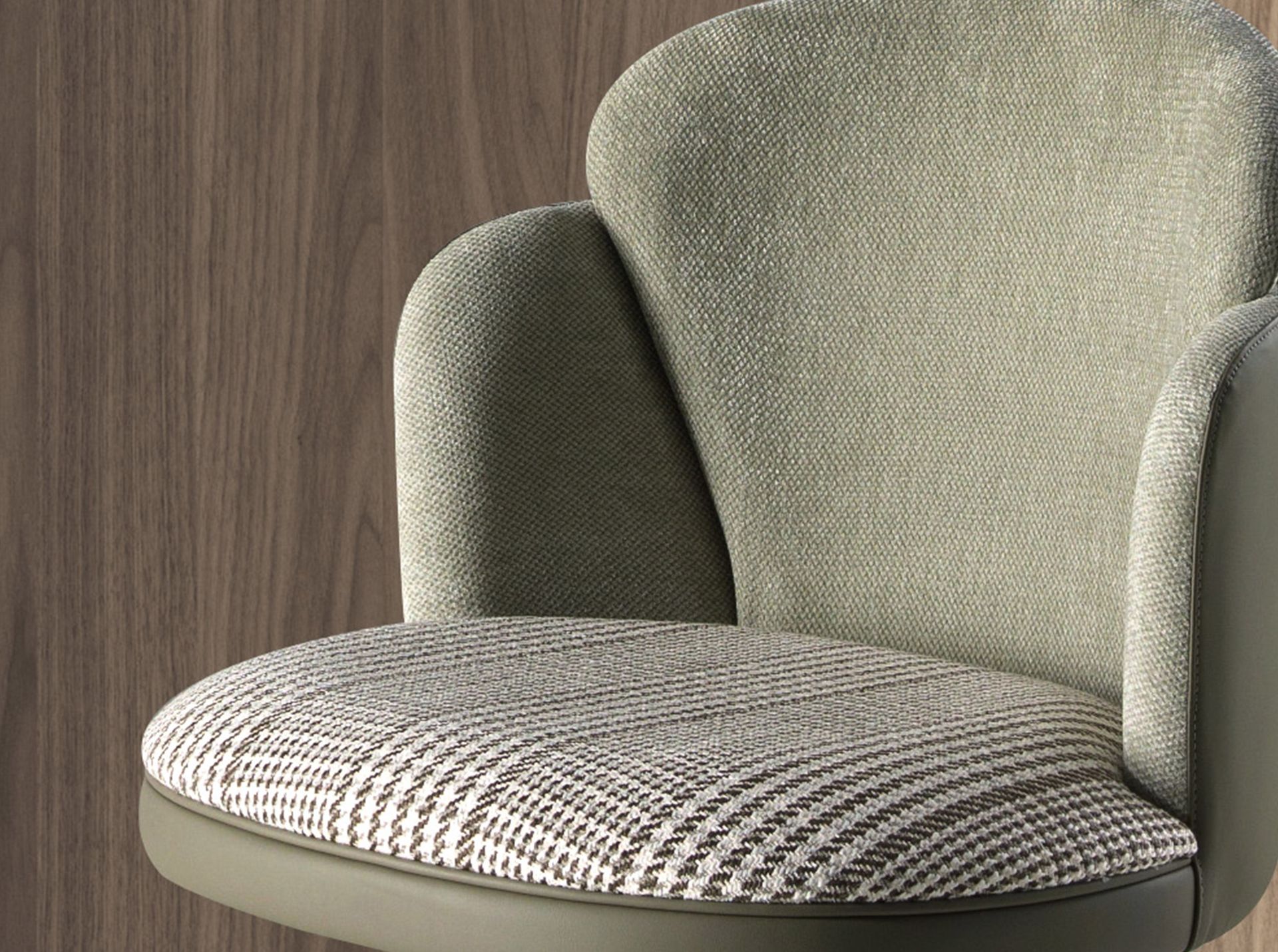 Swivel stool in dark green and white fabric and olive green leatherette