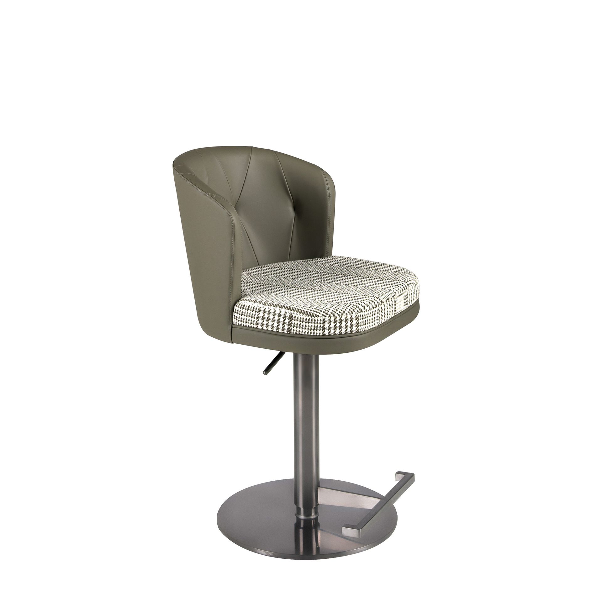 Swivel stool in dark green and white fabric and olive green leatherette