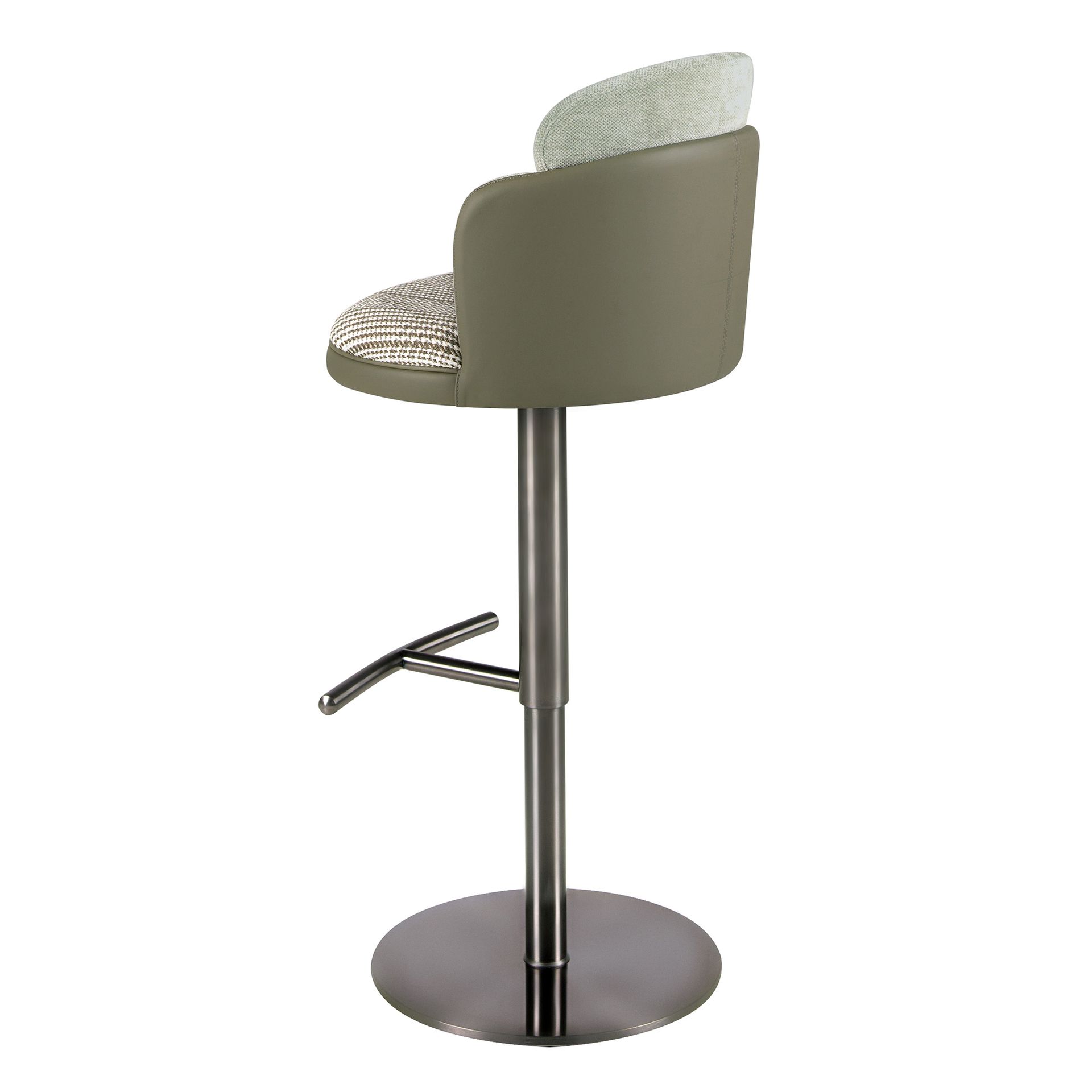 Swivel stool in dark green and white fabric and olive green leatherette