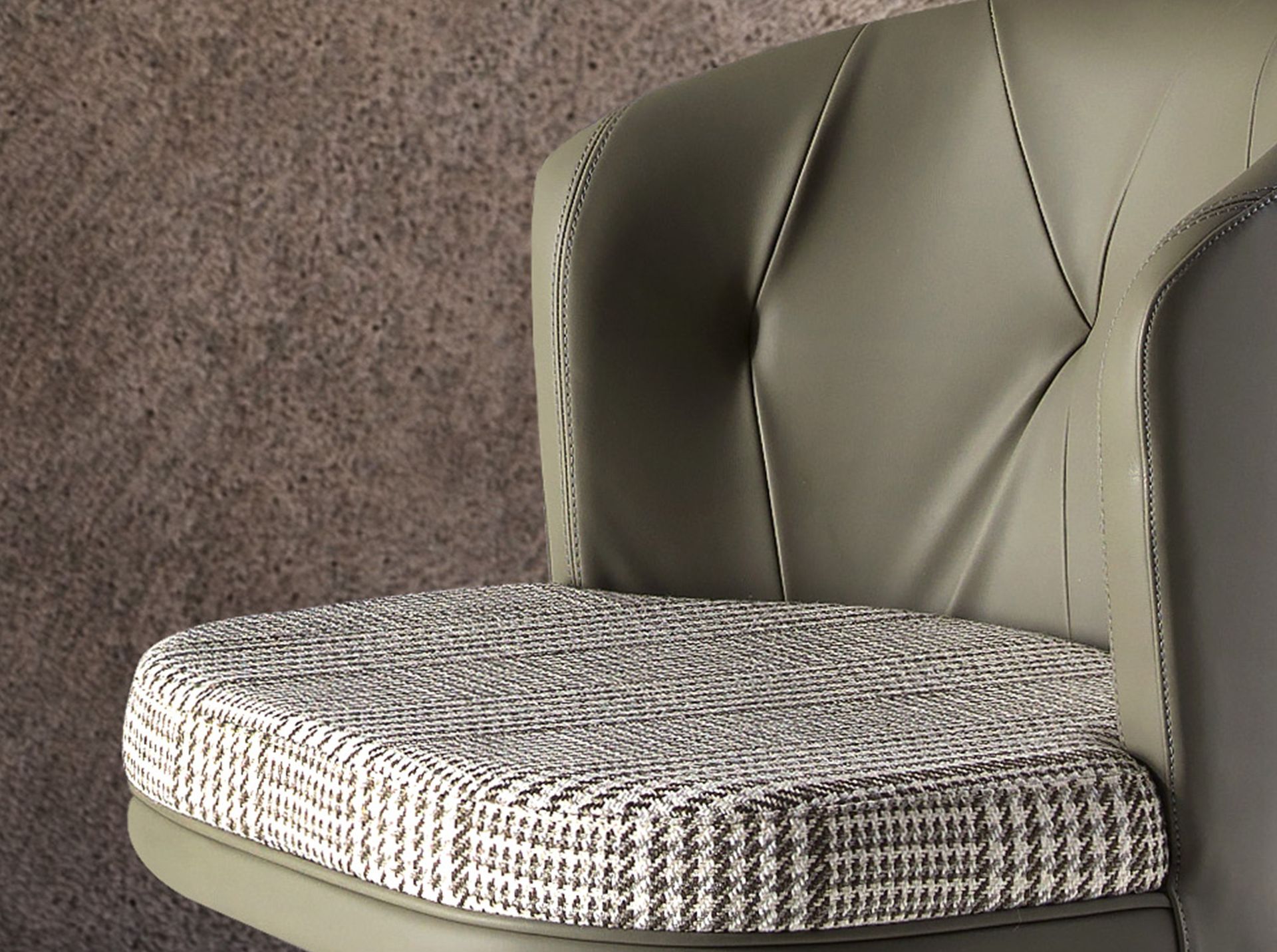 Swivel stool in dark green and white fabric and olive green leatherette