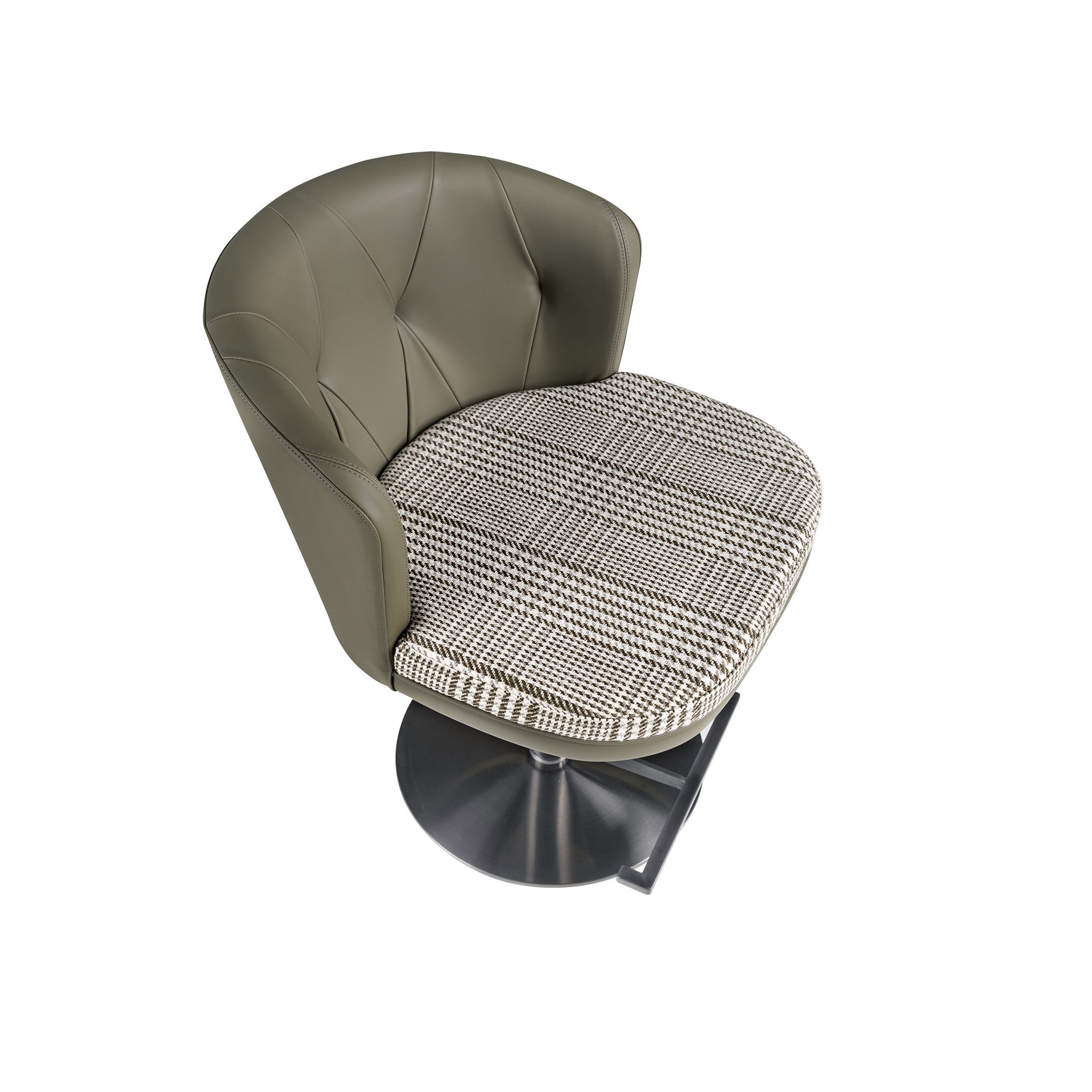 Swivel stool in dark green and white fabric and olive green leatherette