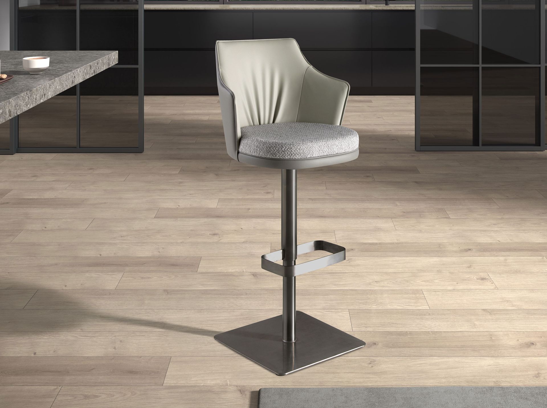 Swivel stool in grey marbled fabric and dark grey leatherette