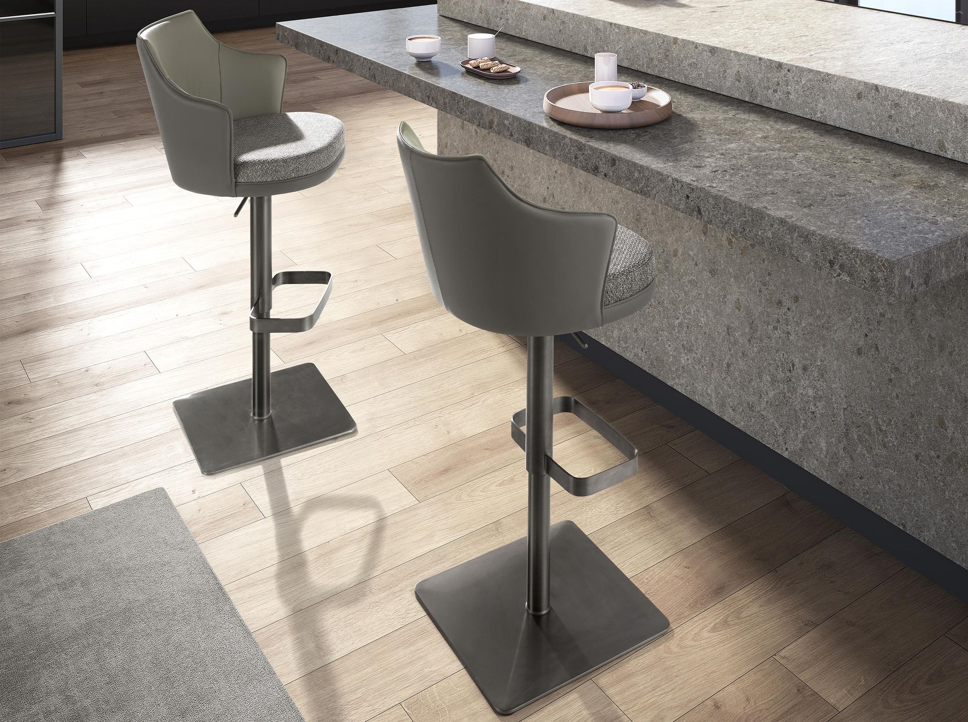 Swivel stool in grey marbled fabric and dark grey leatherette