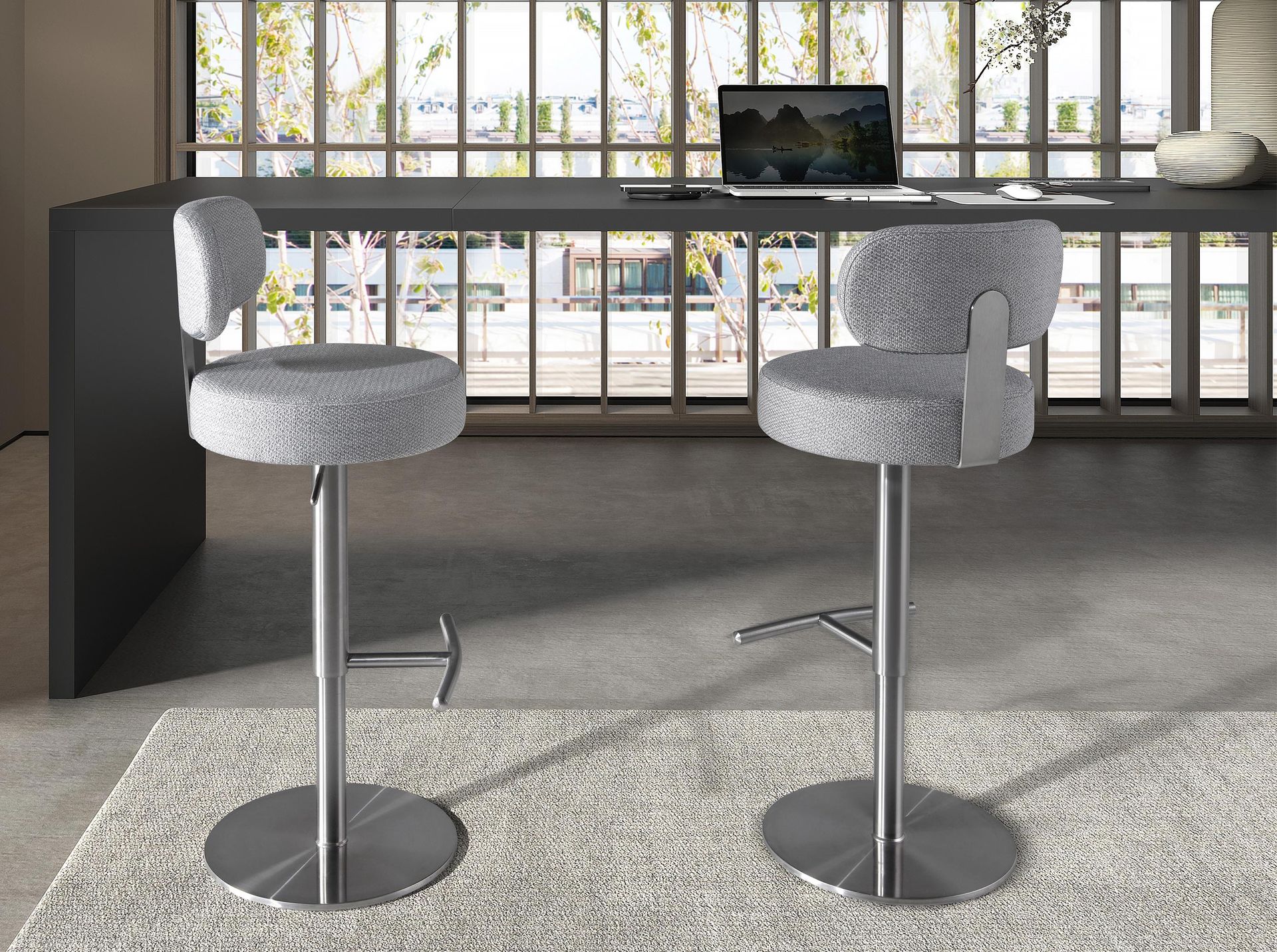 Swivel stool in light grey marbled fabric