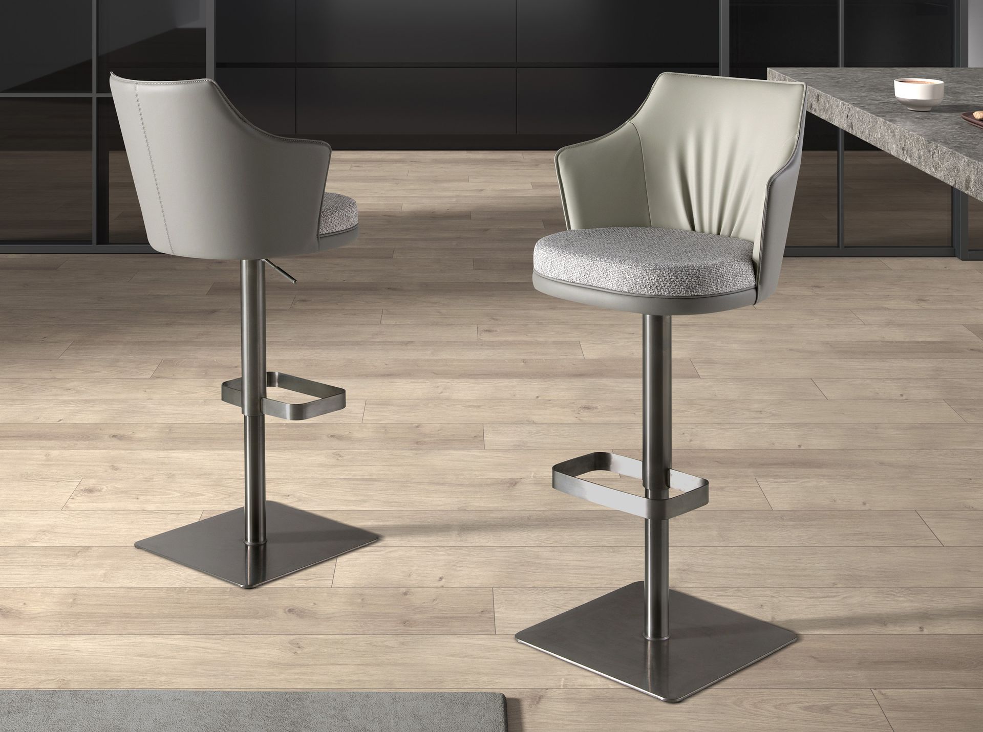 Swivel stool in grey marbled fabric and dark grey leatherette