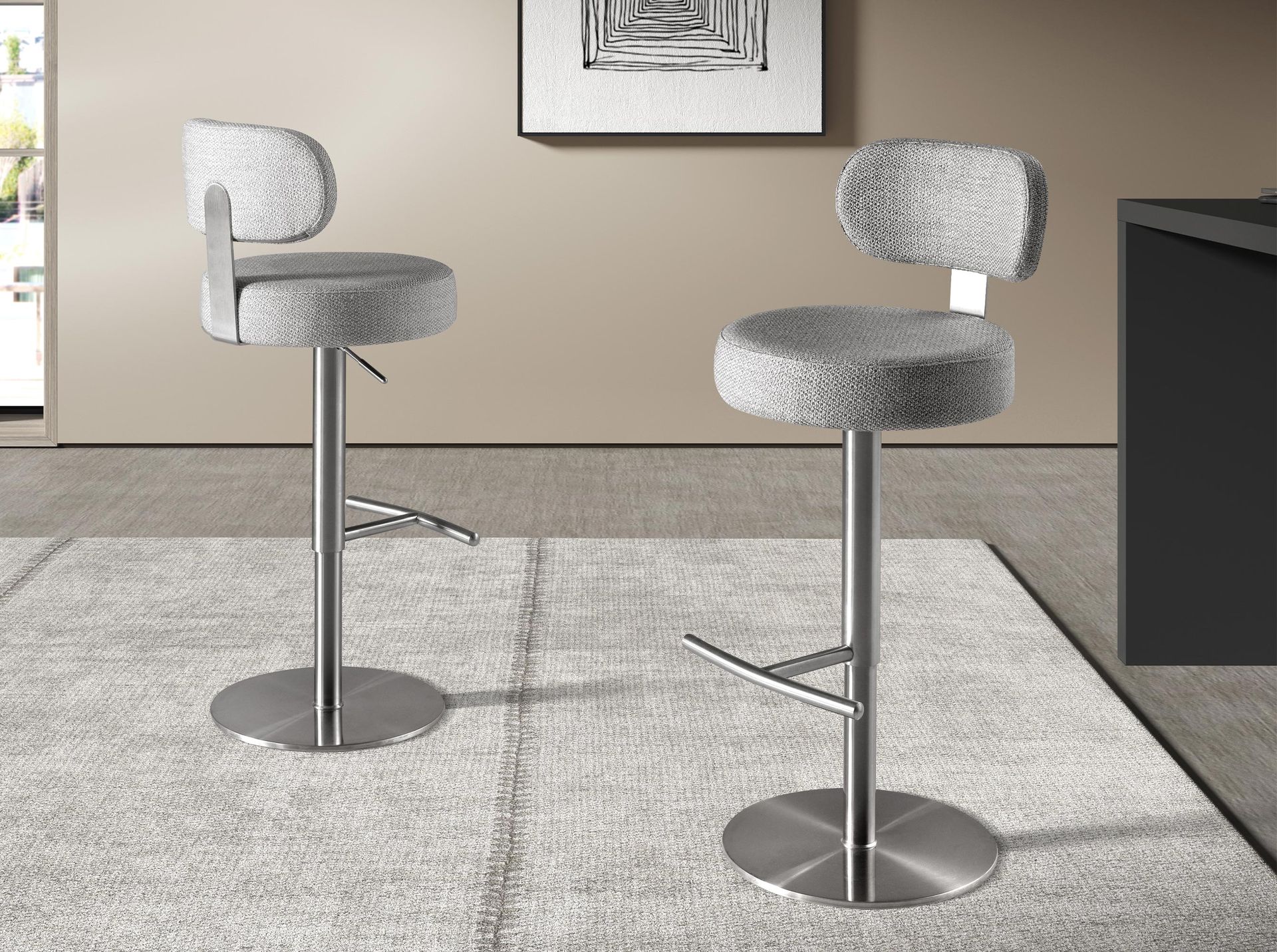 Swivel stool in light grey marbled fabric