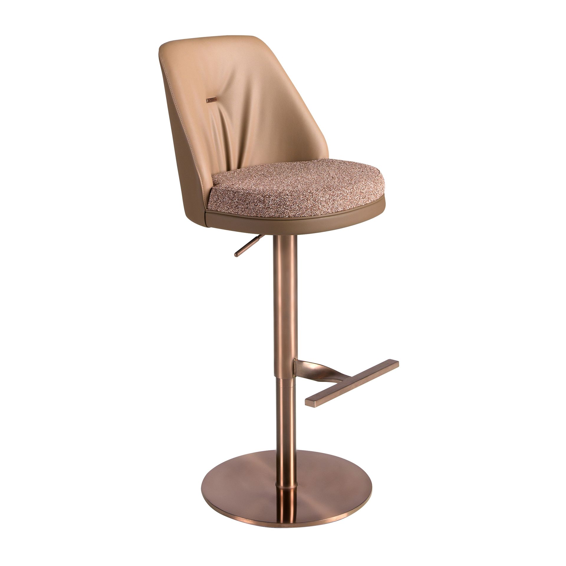 Swivel stool in mottled brown fabric and brown leatherette