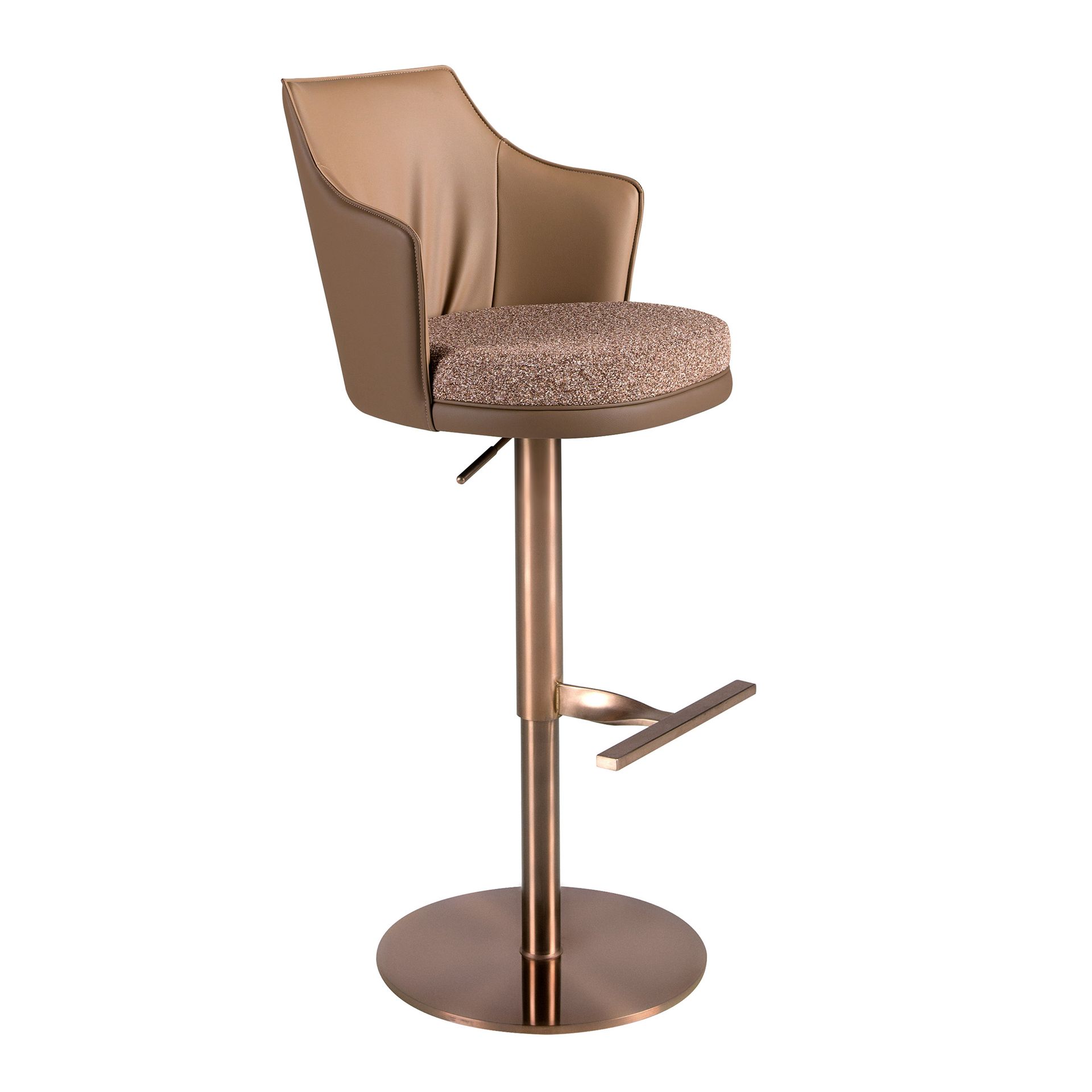 Swivel stool in mottled brown fabric and brown leatherette