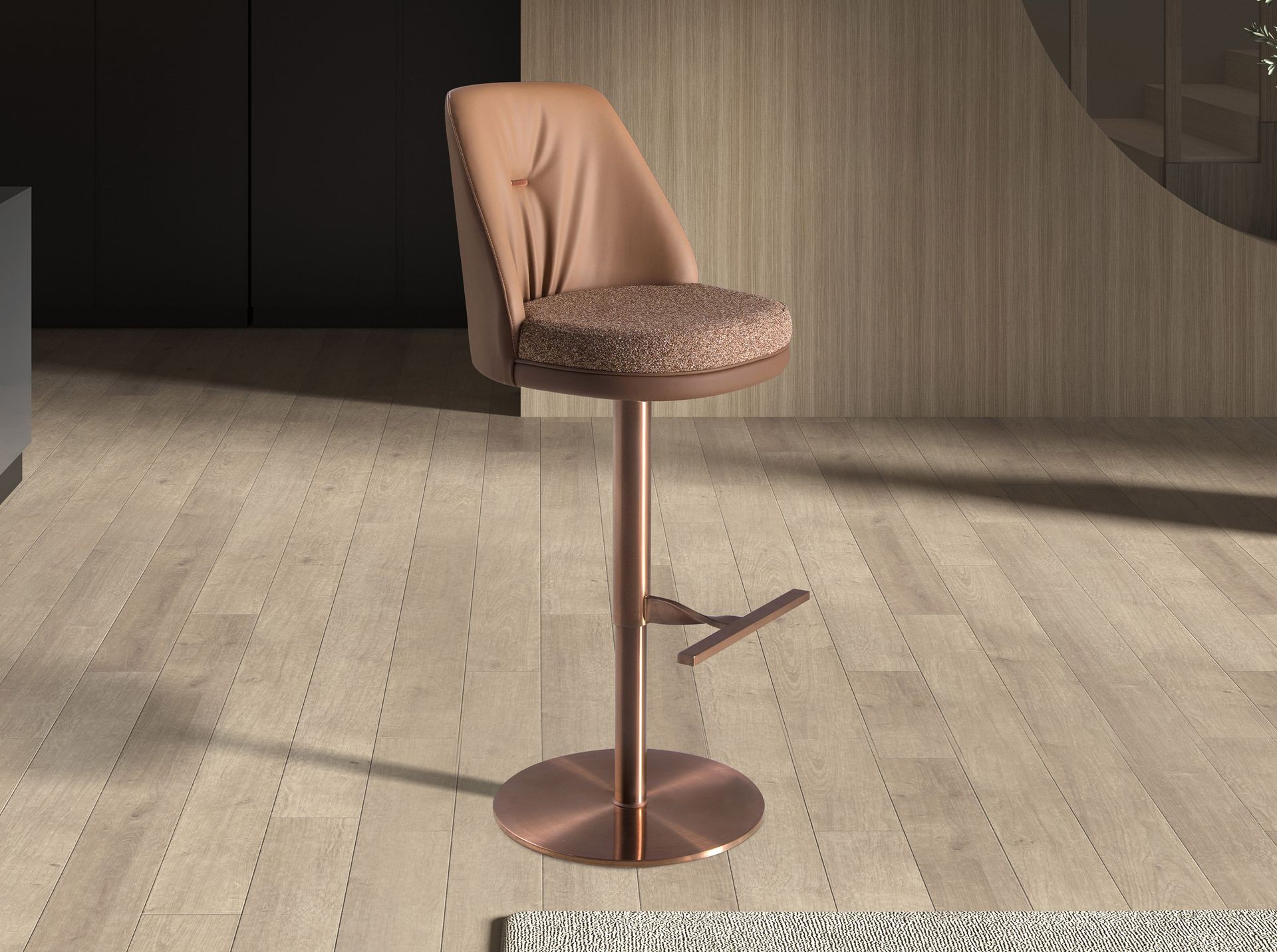 Swivel stool in mottled brown fabric and brown leatherette