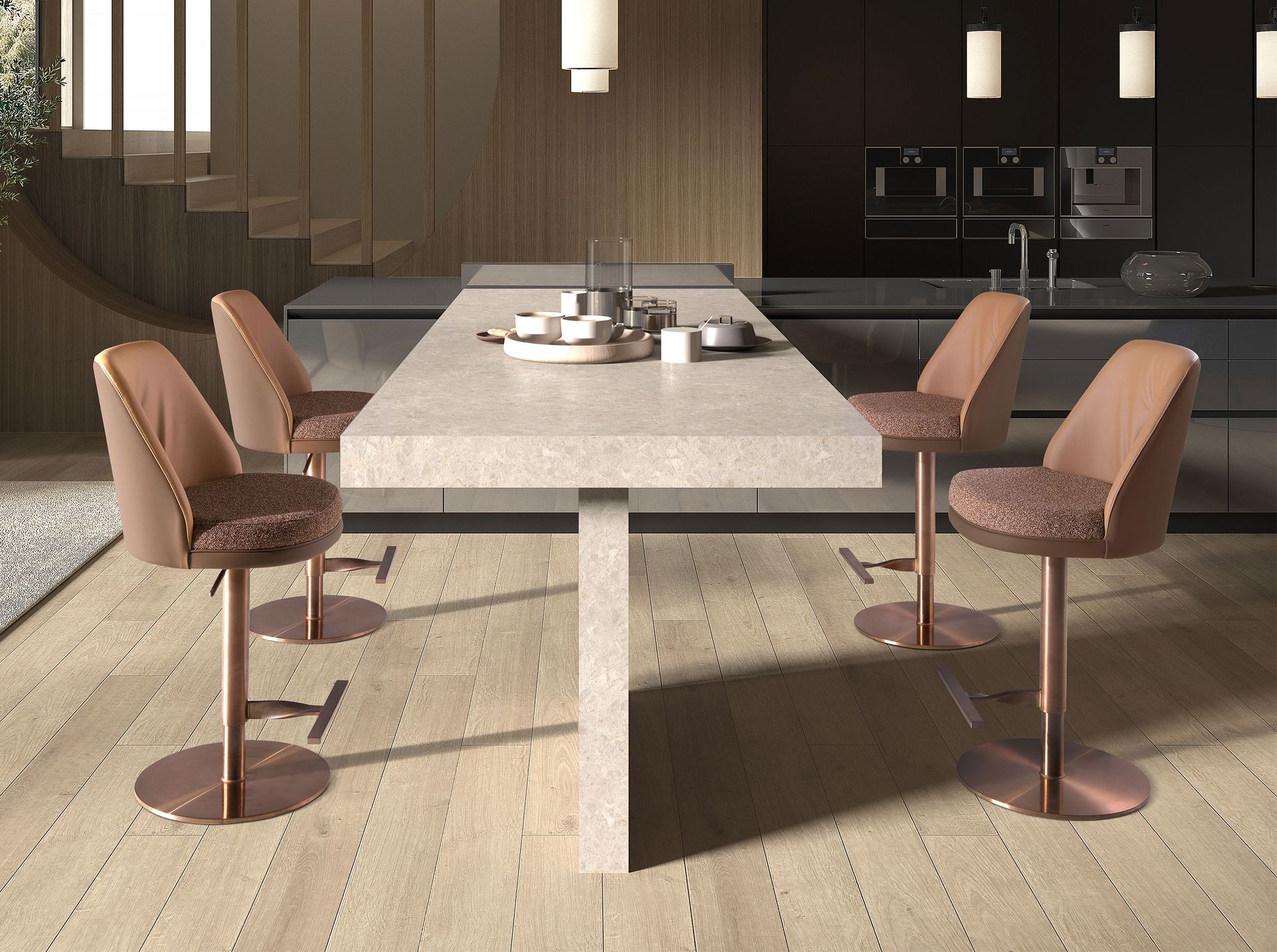 Swivel stool in mottled brown fabric and brown leatherette