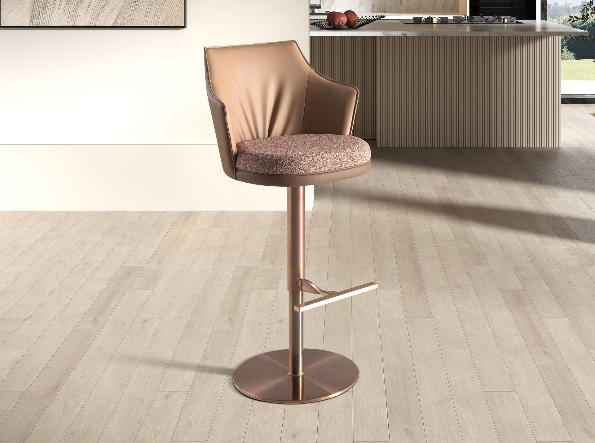 Swivel stool in mottled brown fabric and brown leatherette