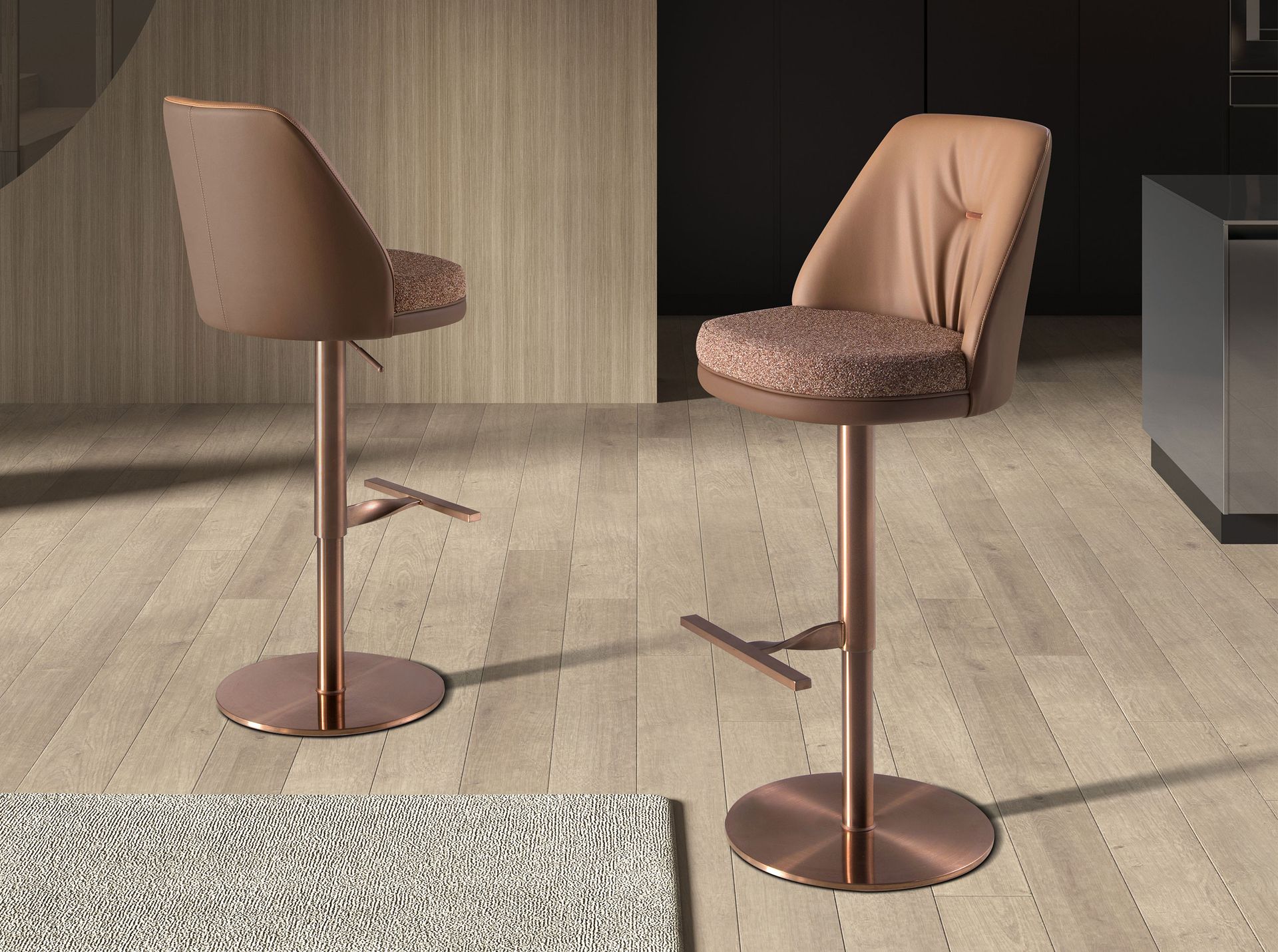 Swivel stool in mottled brown fabric and brown leatherette
