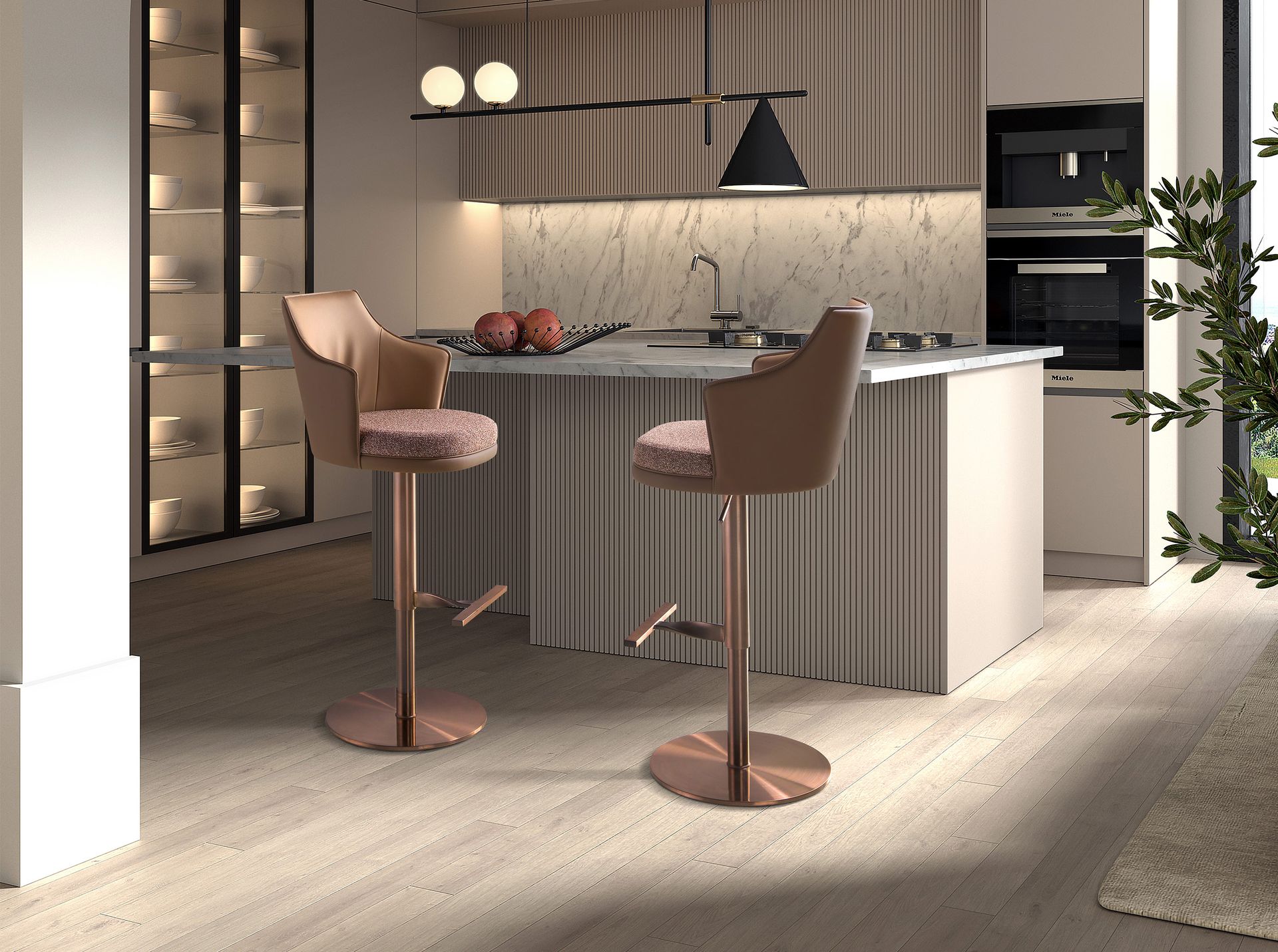 Swivel stool in mottled brown fabric and brown leatherette