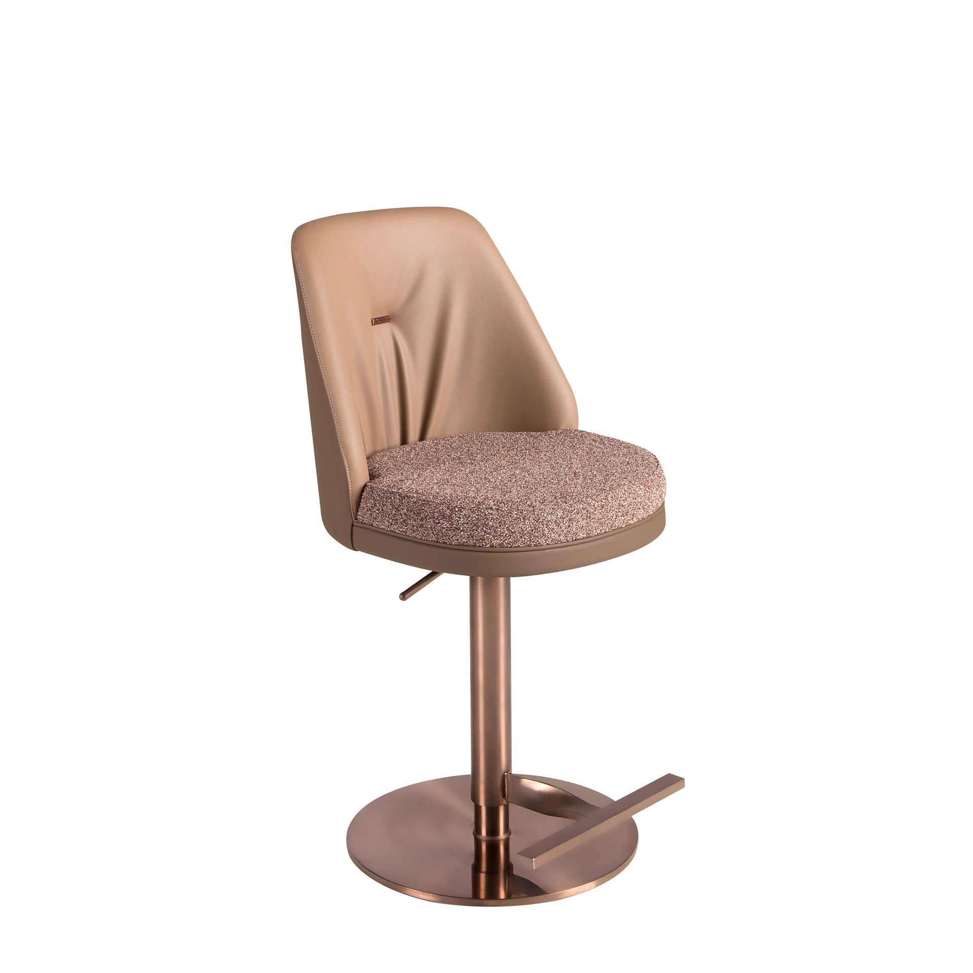 Swivel stool in mottled brown fabric and brown leatherette