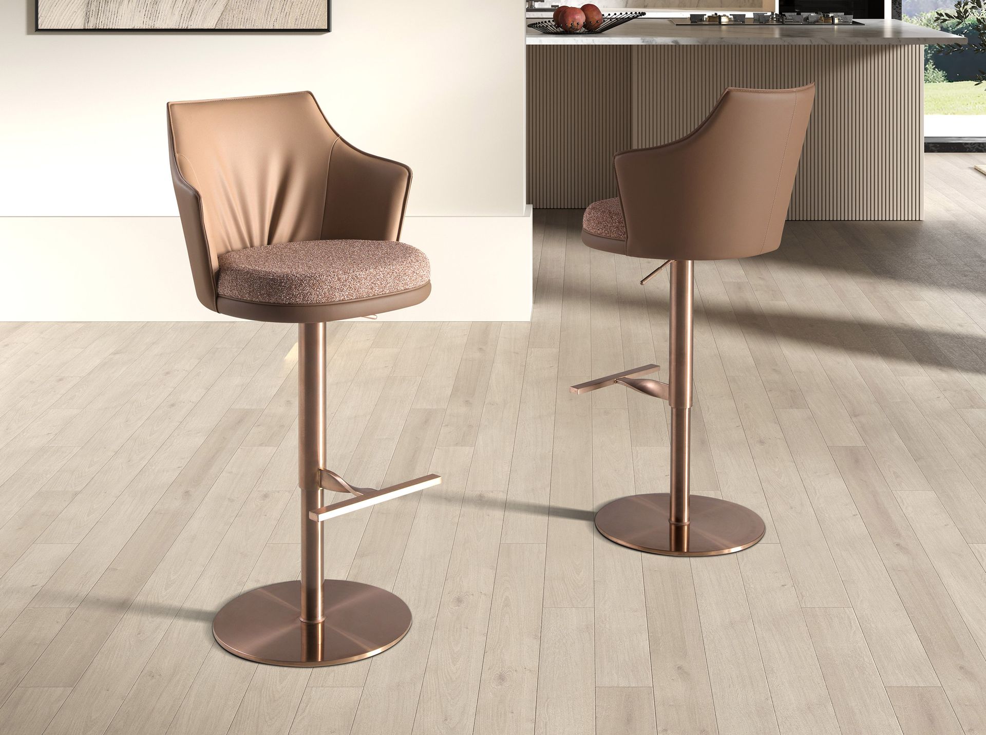 Swivel stool in mottled brown fabric and brown leatherette