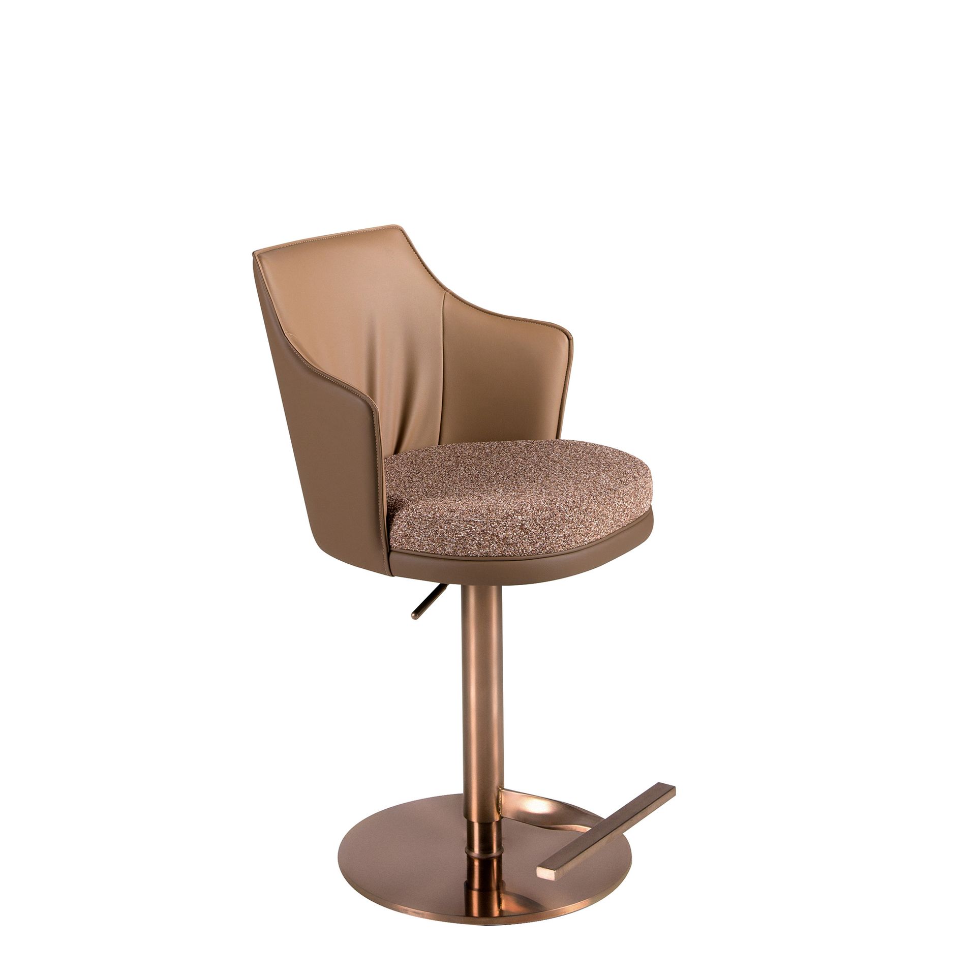 Swivel stool in mottled brown fabric and brown leatherette