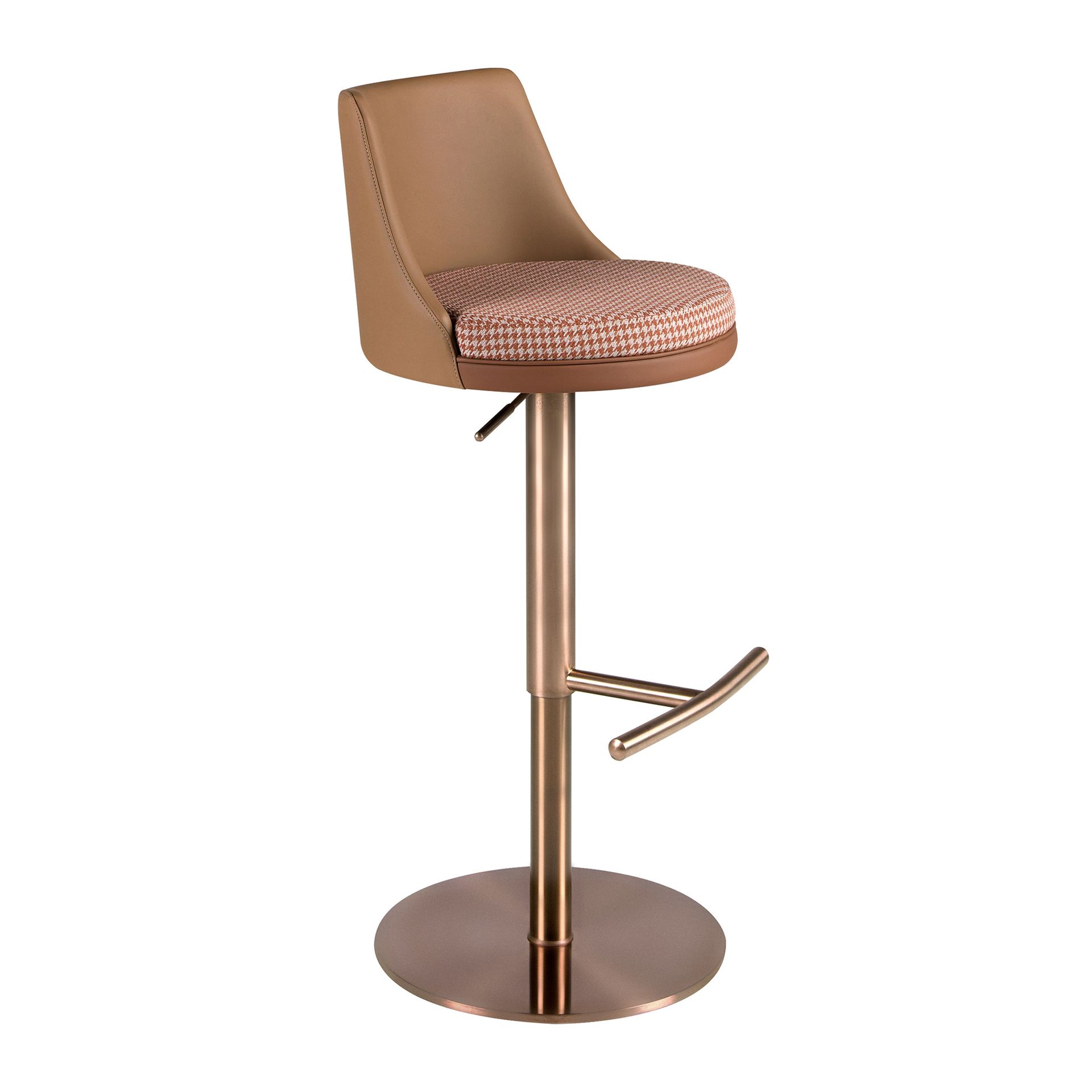 Swivel stool in terracotta brown and beige fabric and brown leatherette