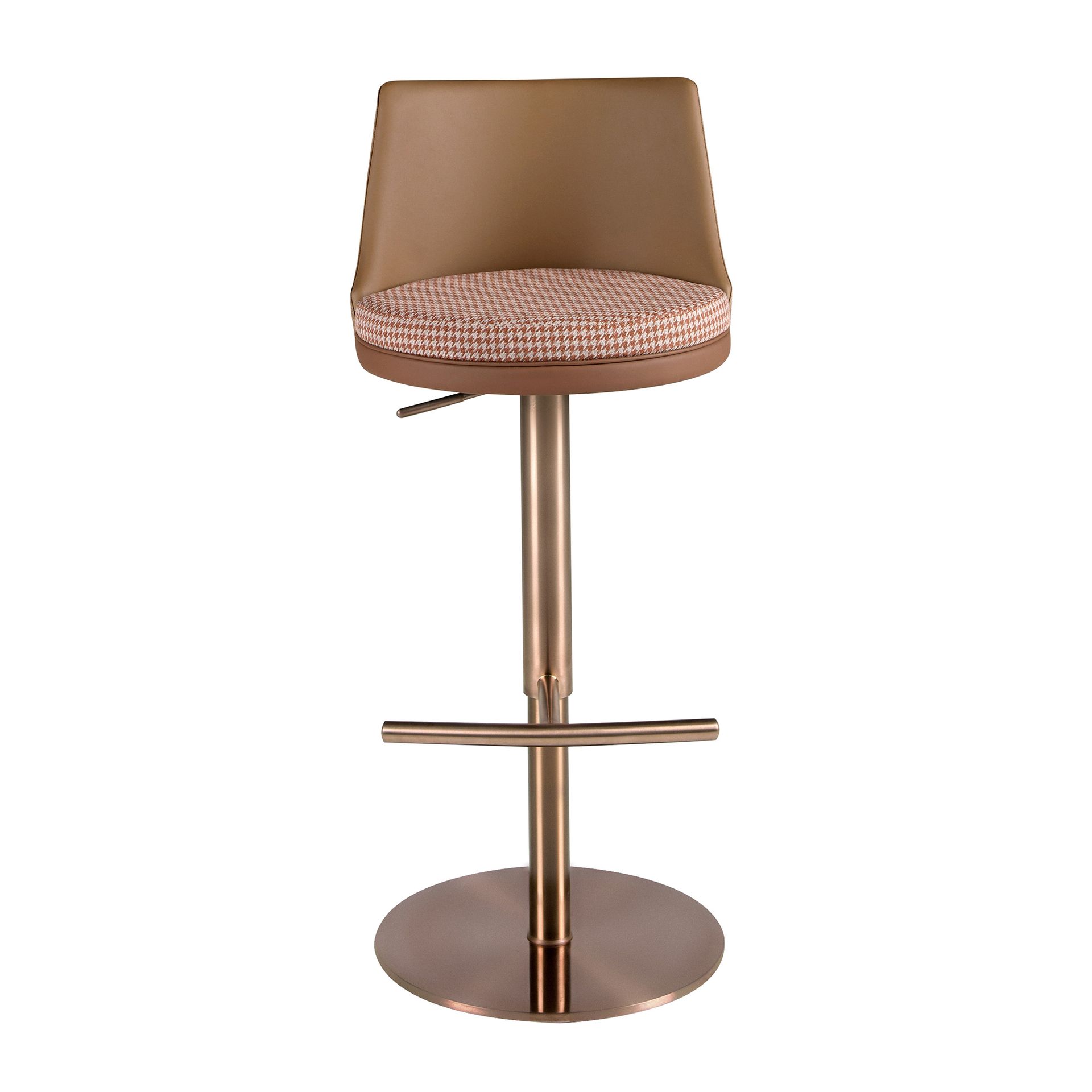 Swivel stool in terracotta brown and beige fabric and brown leatherette