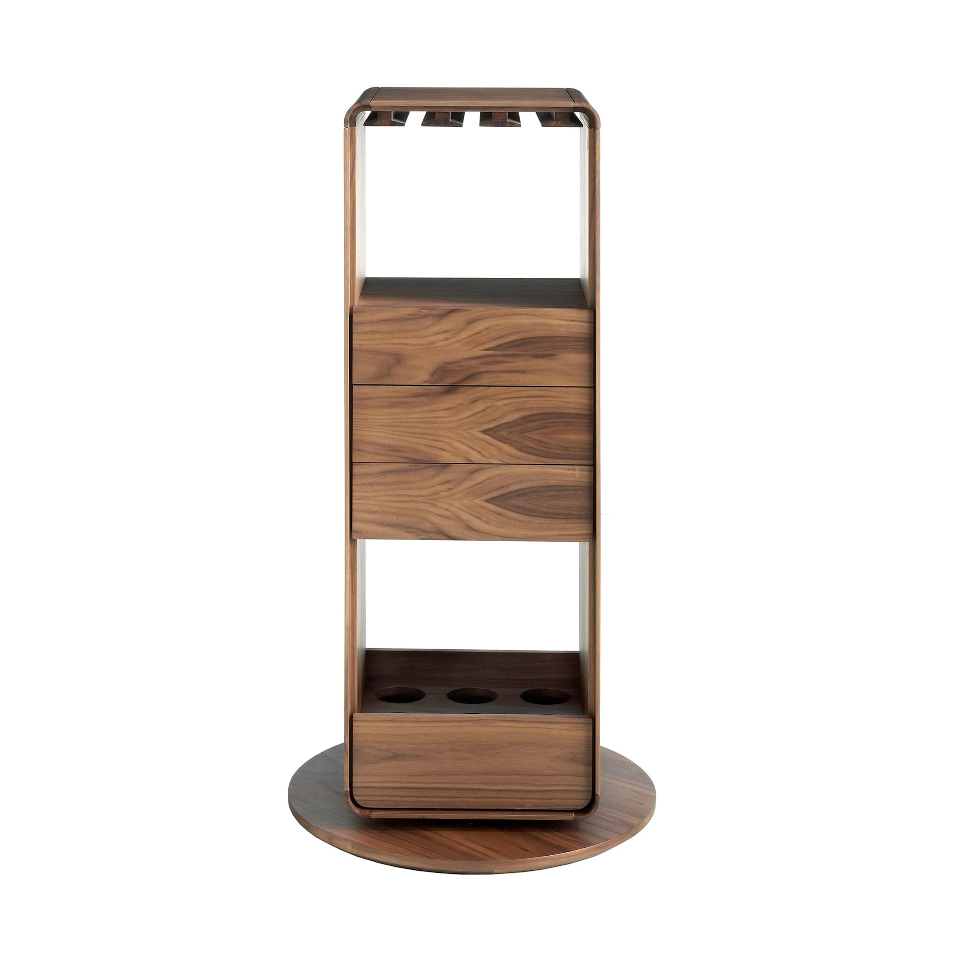Swivelling walnut bar cabinet