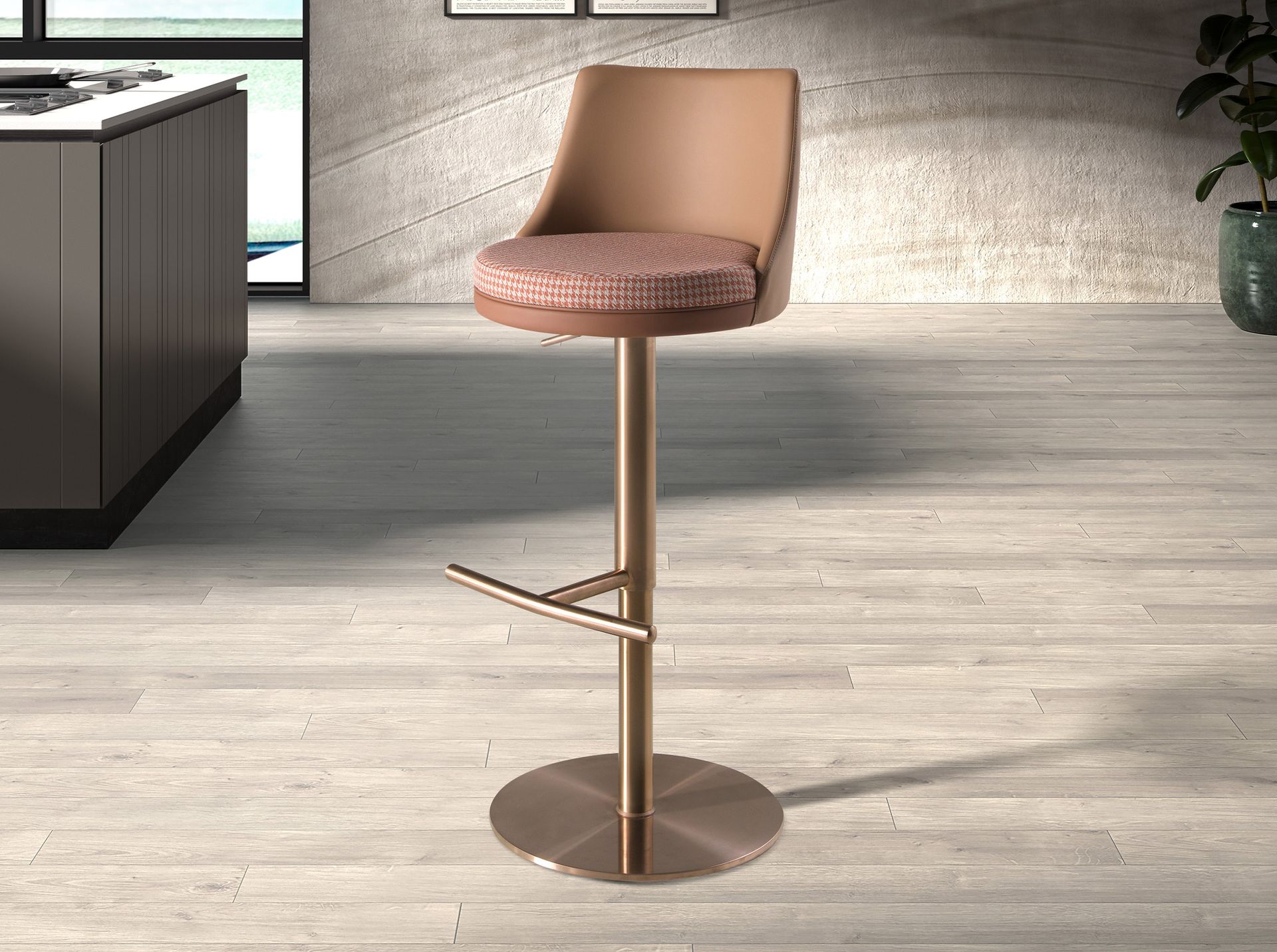 Swivel stool in terracotta brown and beige fabric and brown leatherette