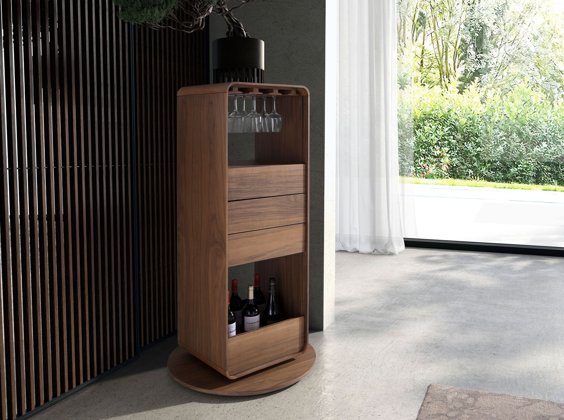 Swivelling walnut bar cabinet