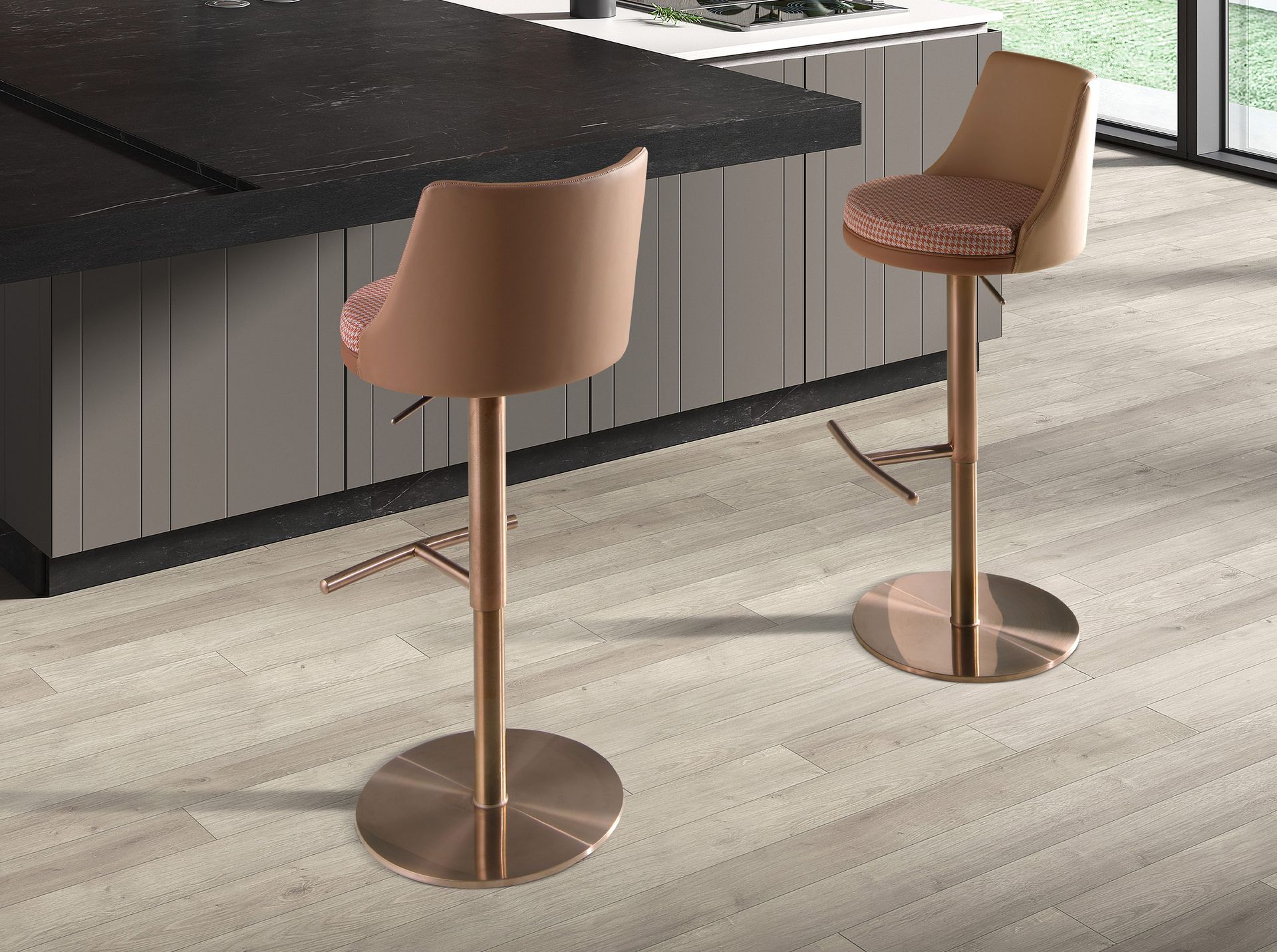 Swivel stool in terracotta brown and beige fabric and brown leatherette