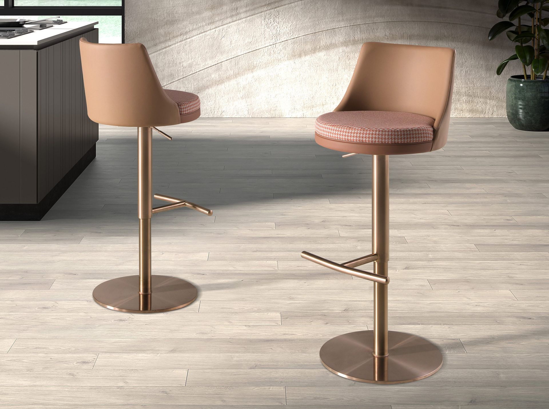 Swivel stool in terracotta brown and beige fabric and brown leatherette